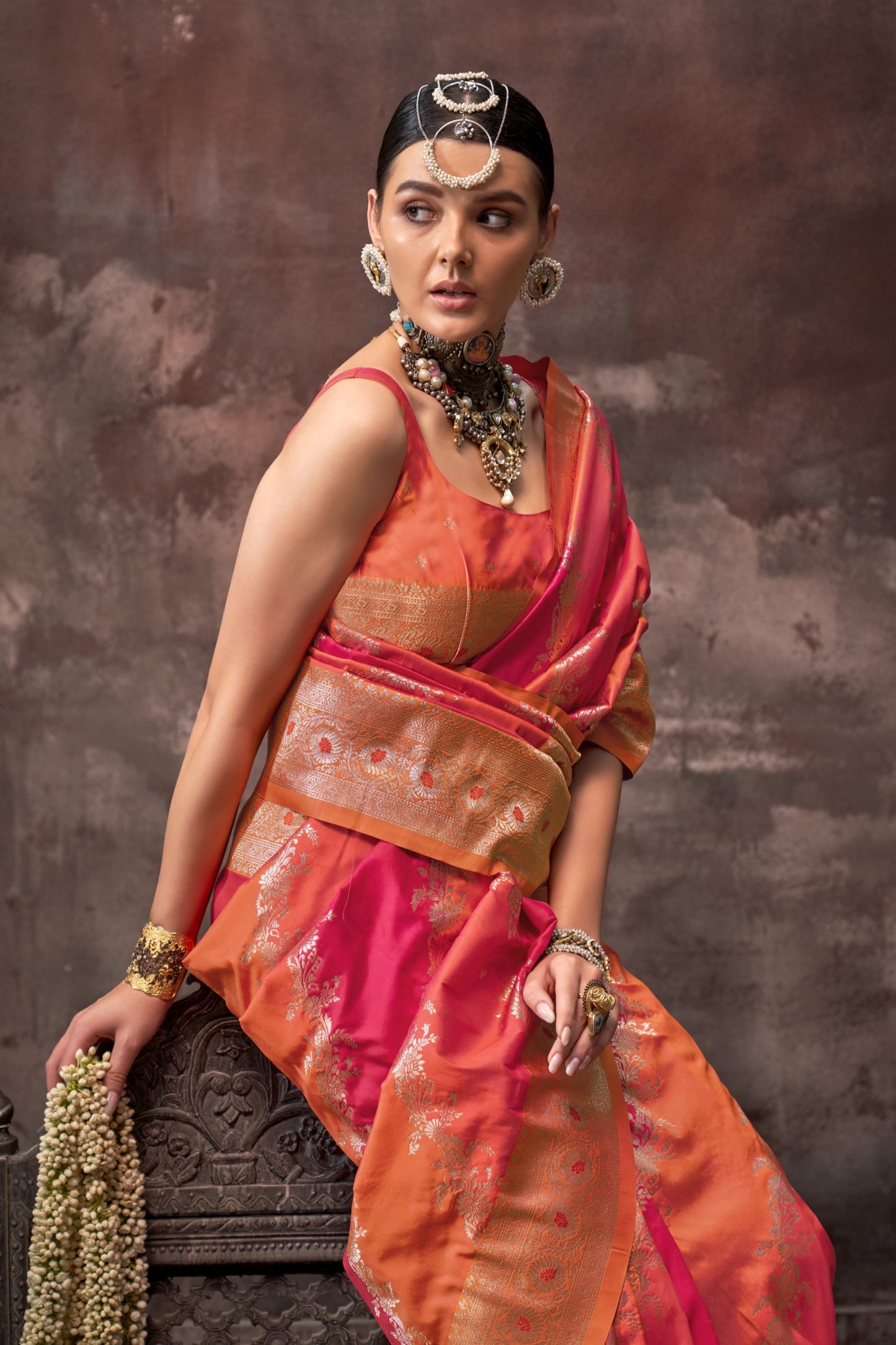 Sharini Orange Red Silk Saree