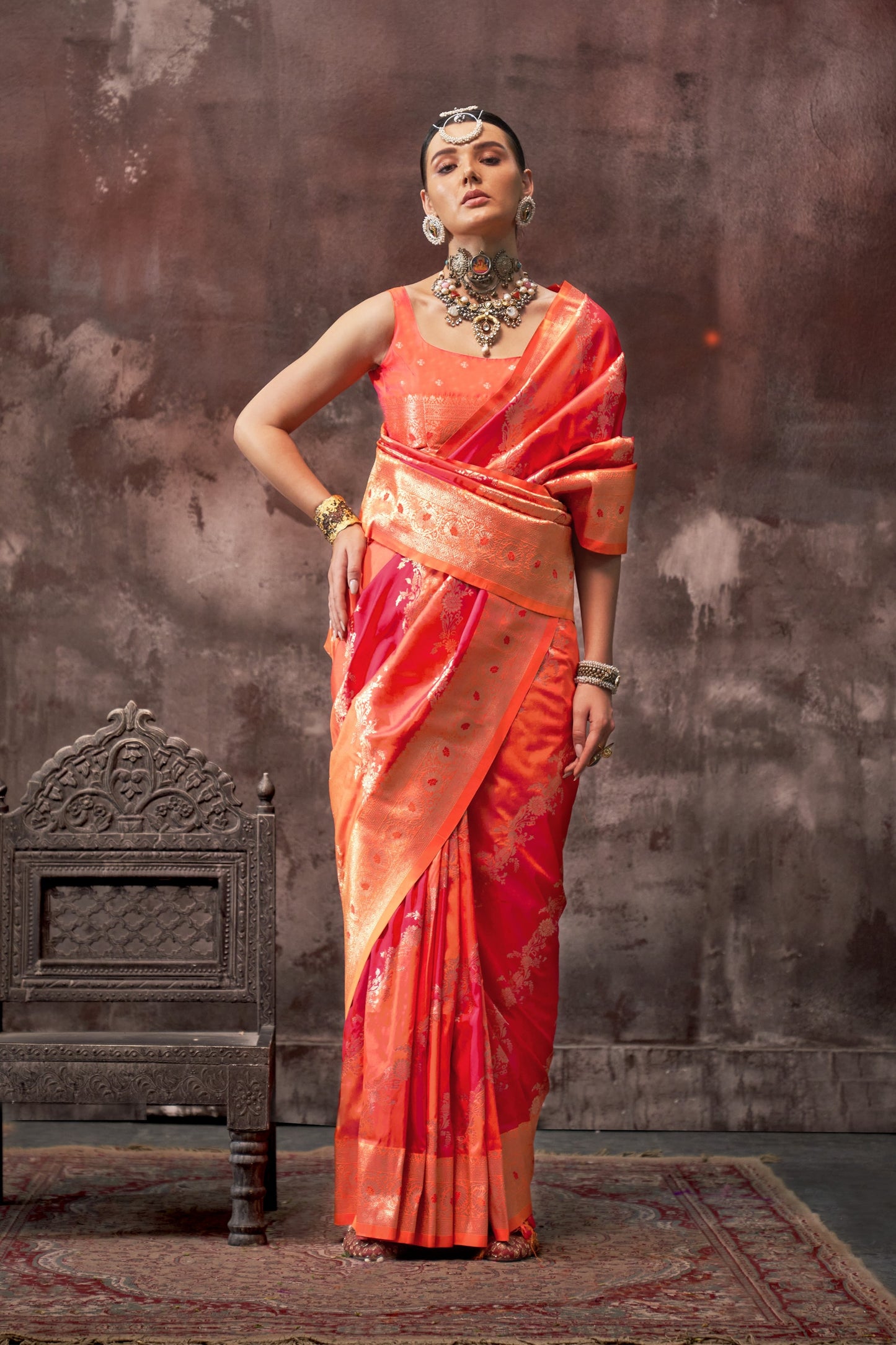 Sharini Orange Red Silk Saree