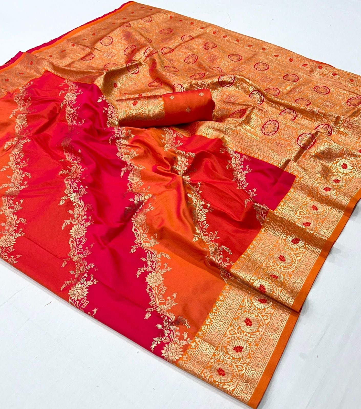 Sharini Orange Red Silk Saree