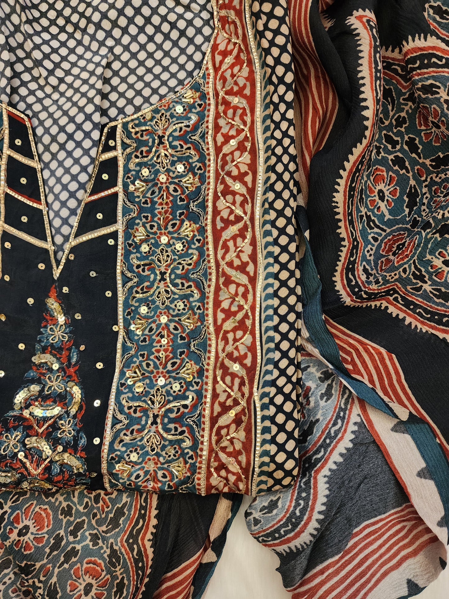 Pure Crepe Ajrak Print with Hand Work
