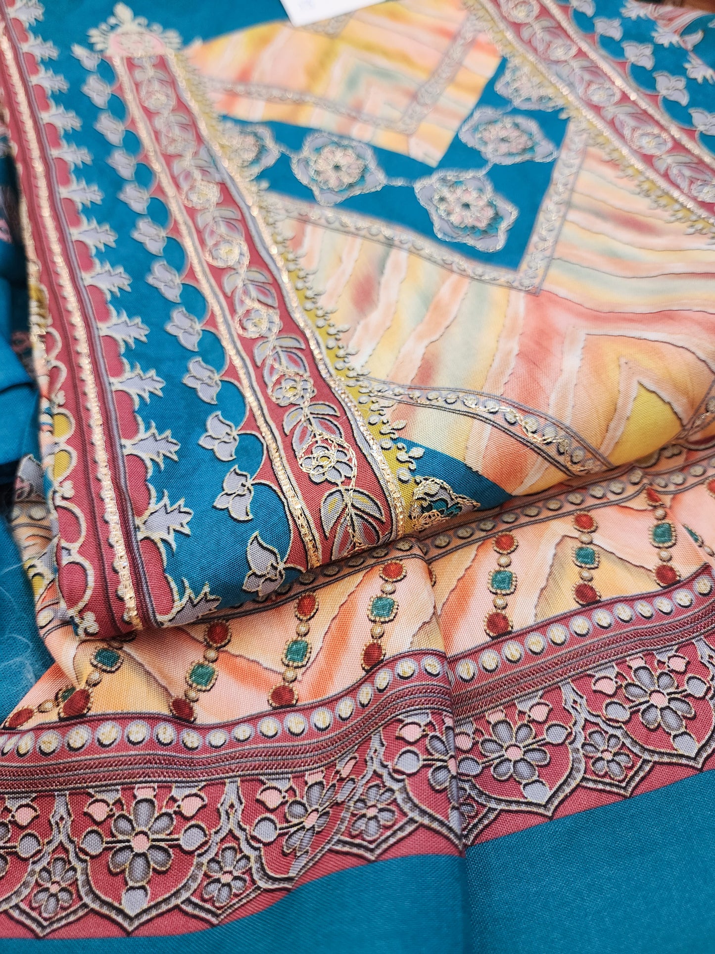 Pure Muslin Printed Suit With Zari Work