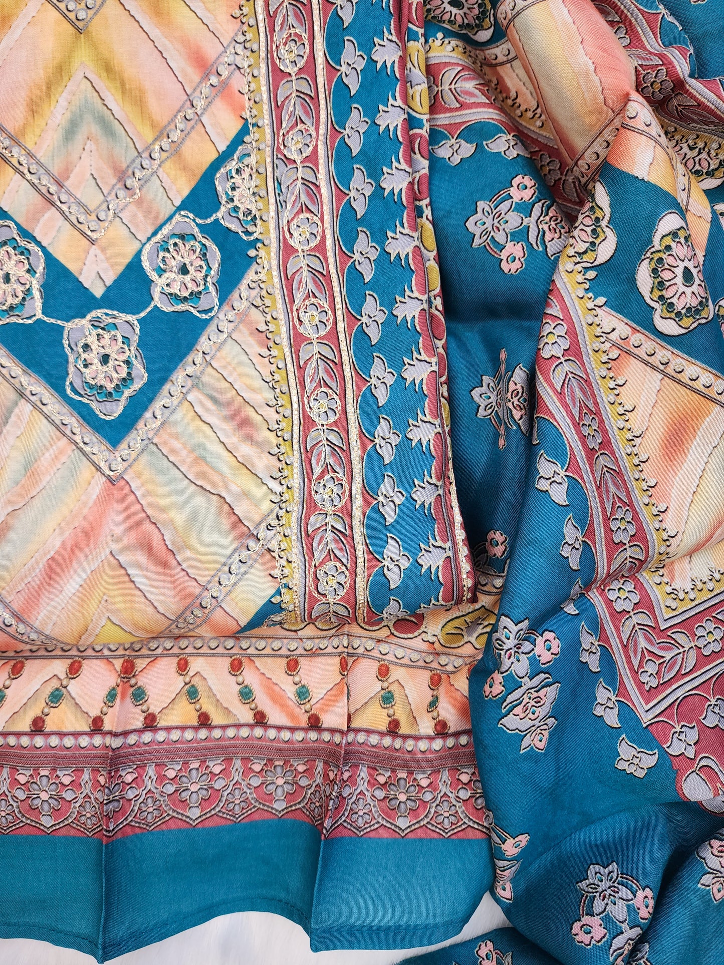 Pure Muslin Printed Suit With Zari Work