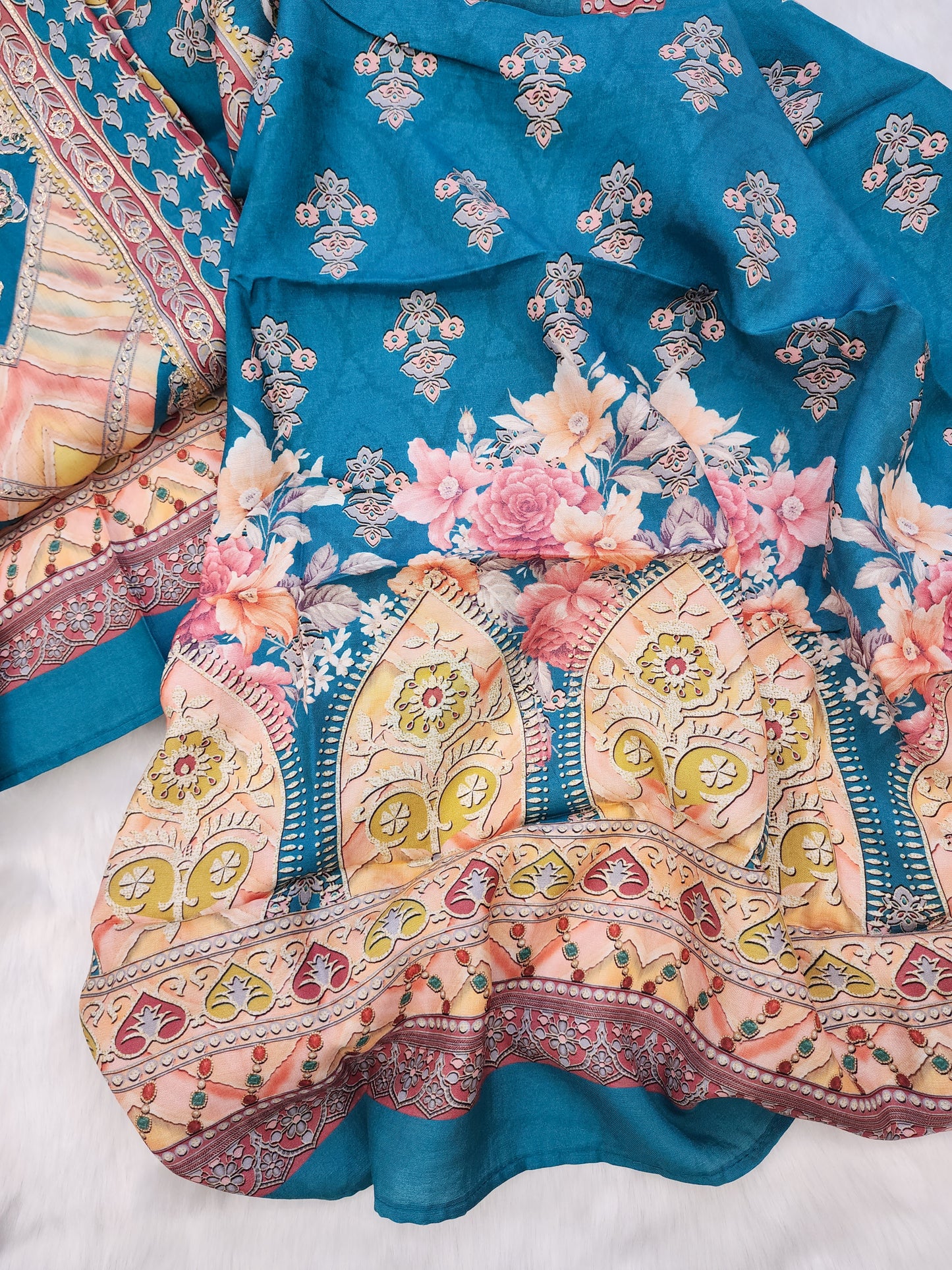 Pure Muslin Printed Suit With Zari Work