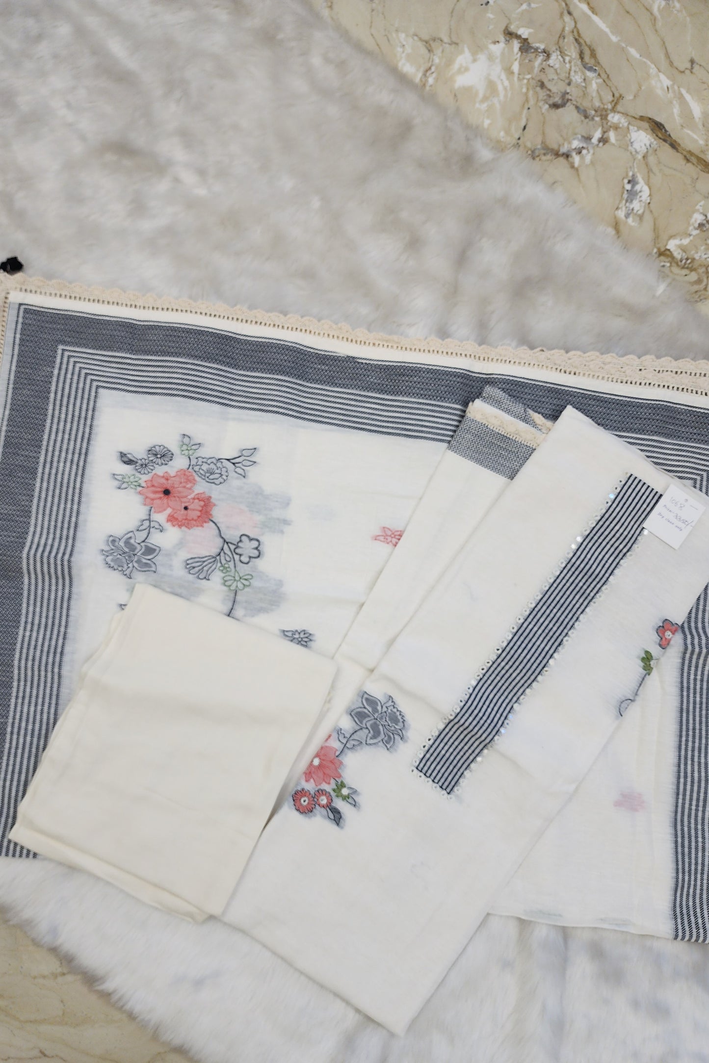 White Chanderi Suit with Crochet Work