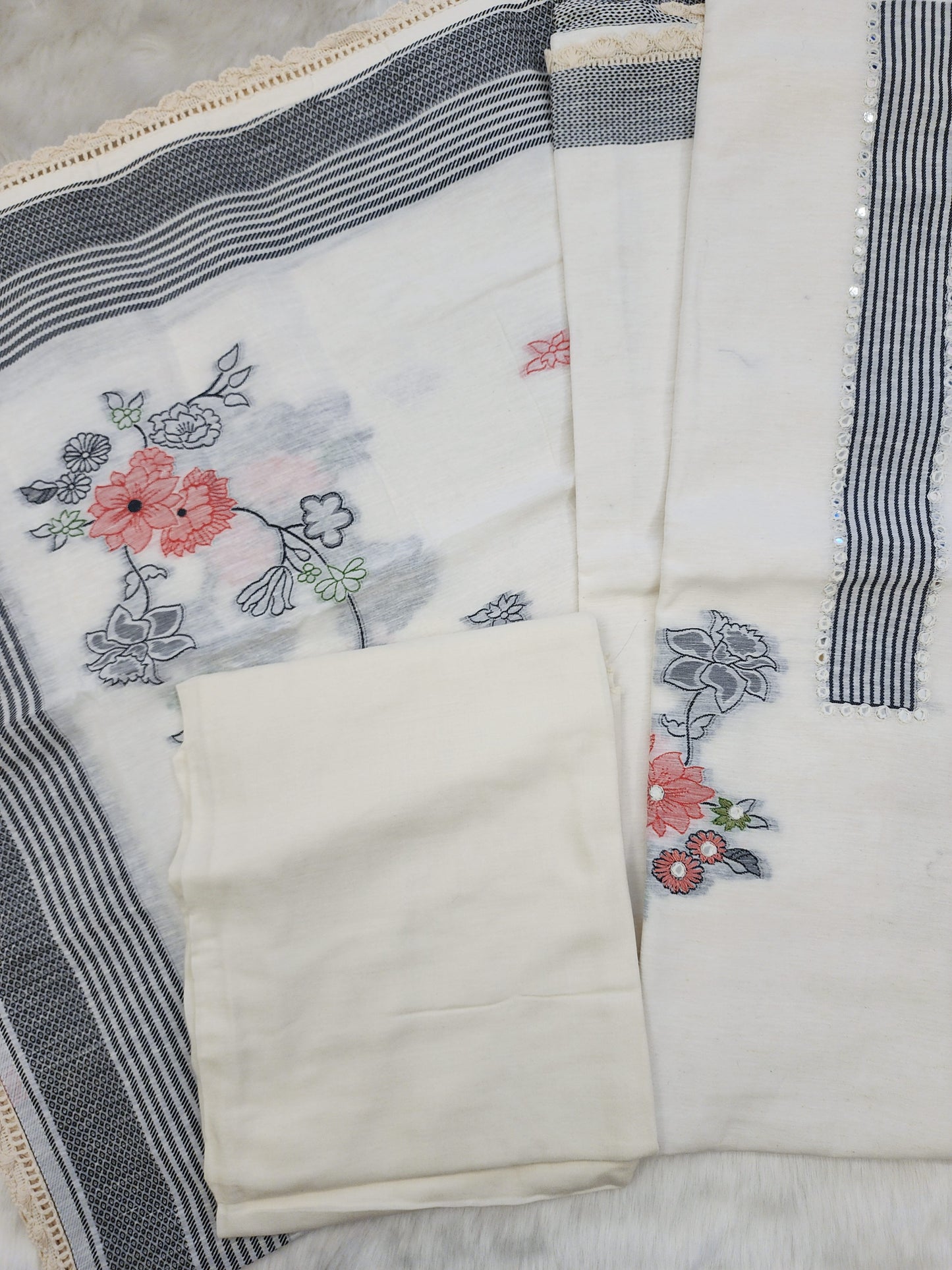 White Chanderi Suit with Crochet Work