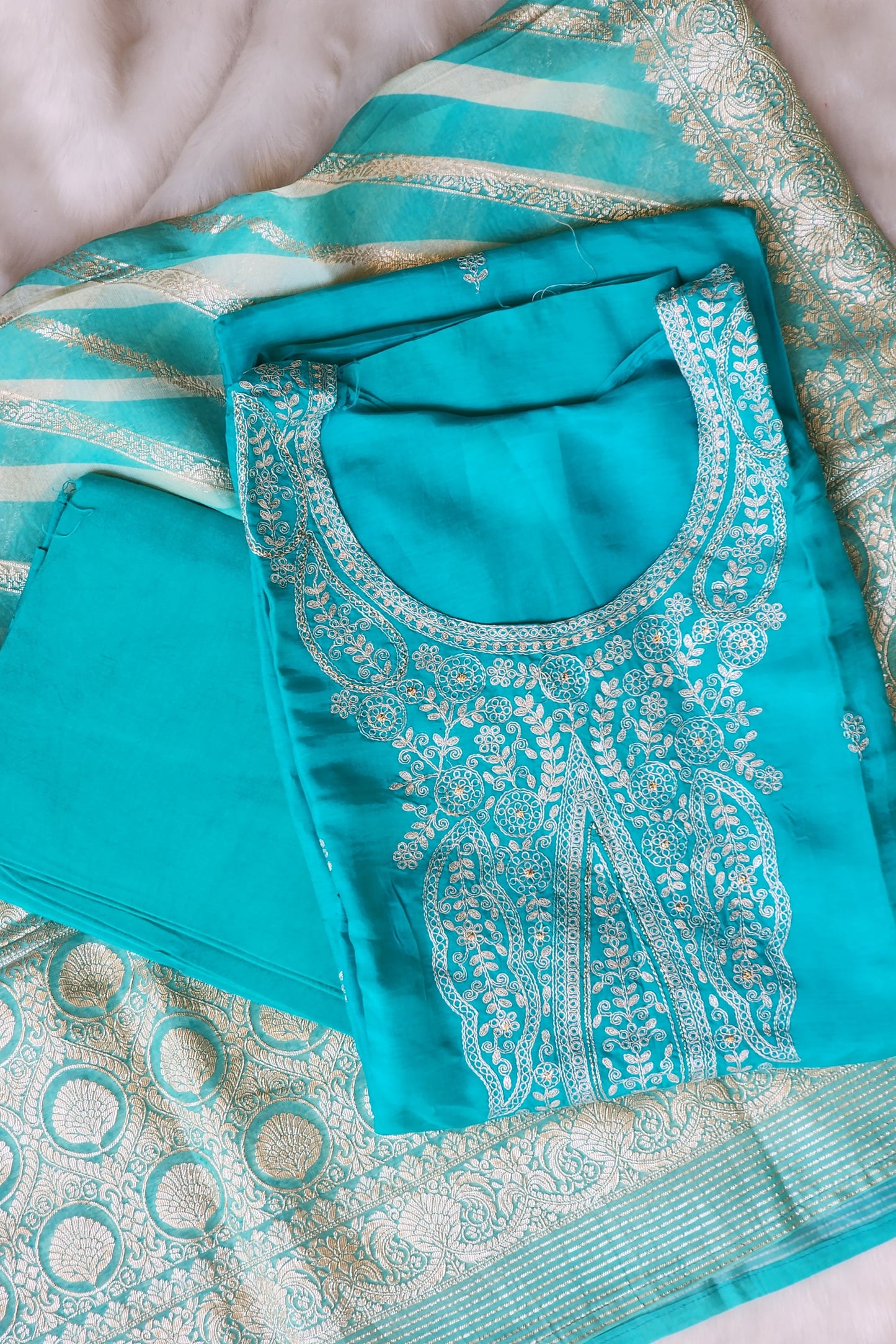 Turquoise Blue Silk Suit
