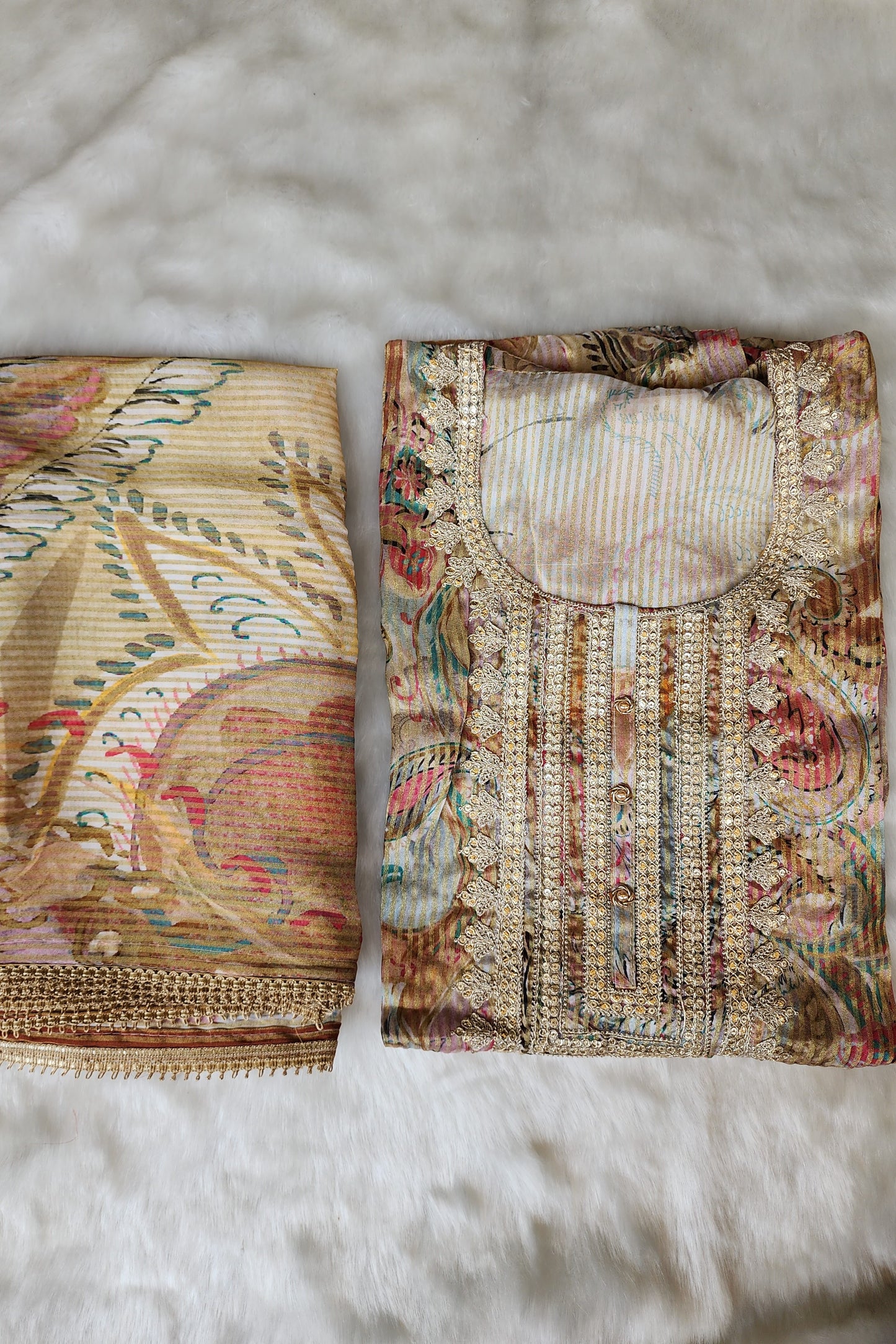 Beige Printed Organza Tissue Suit