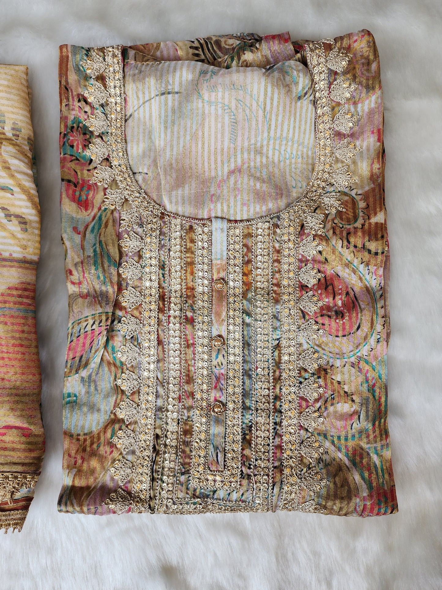 Beige Printed Organza Tissue Suit