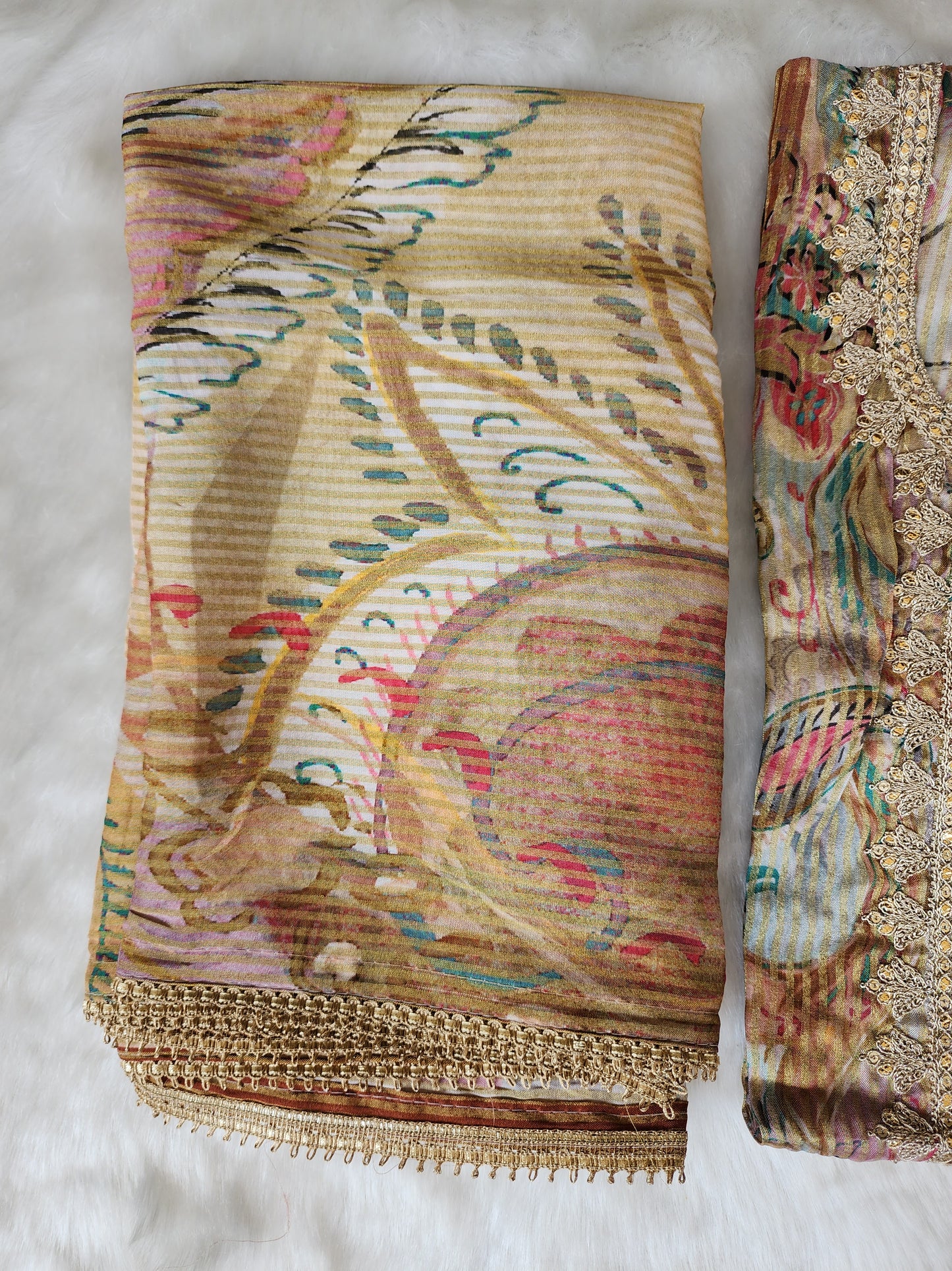 Beige Printed Organza Tissue Suit