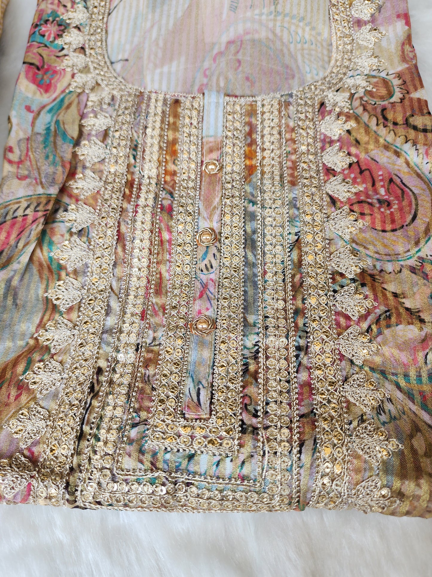 Beige Printed Organza Tissue Suit