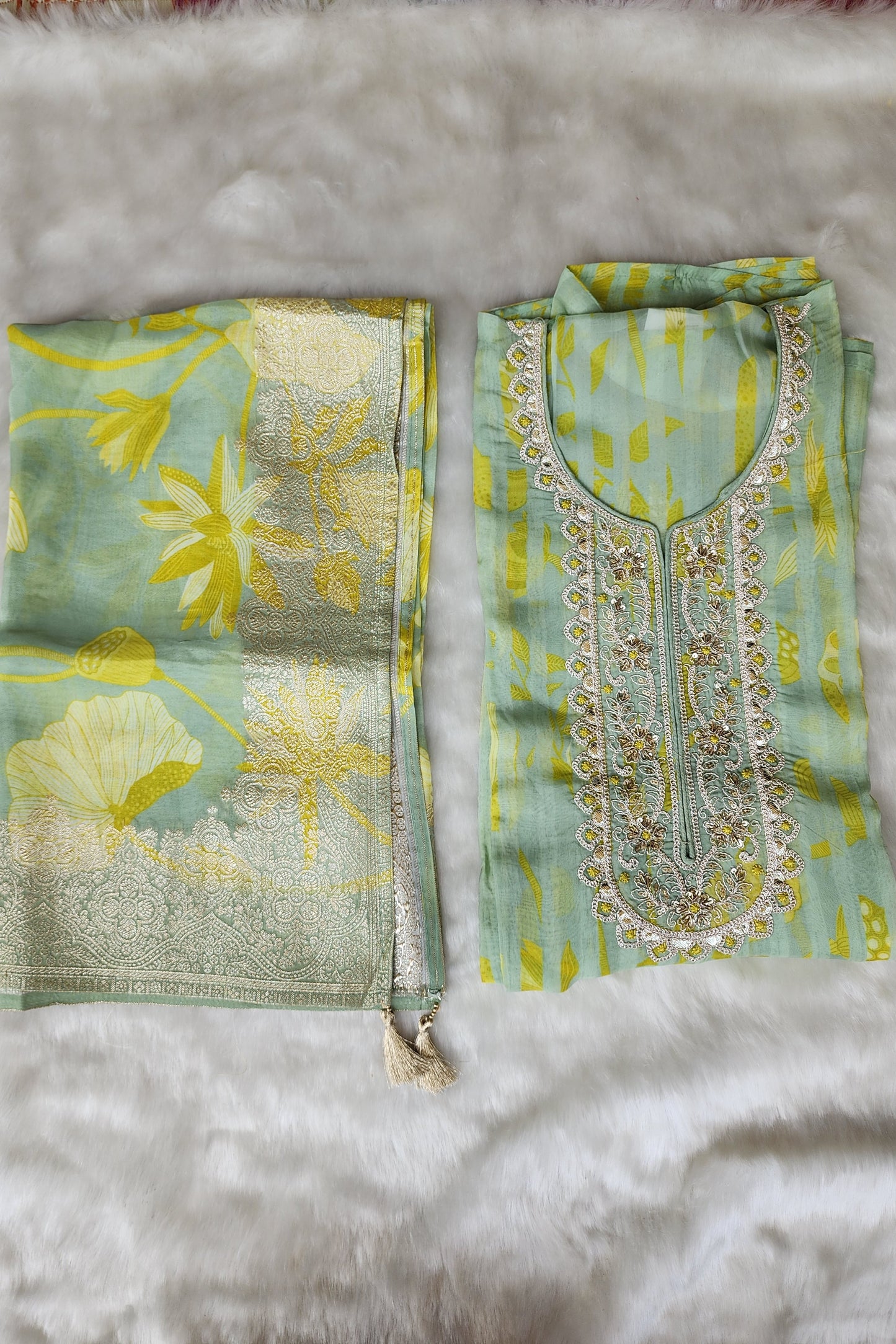 Green Printed Pure Organza Suit