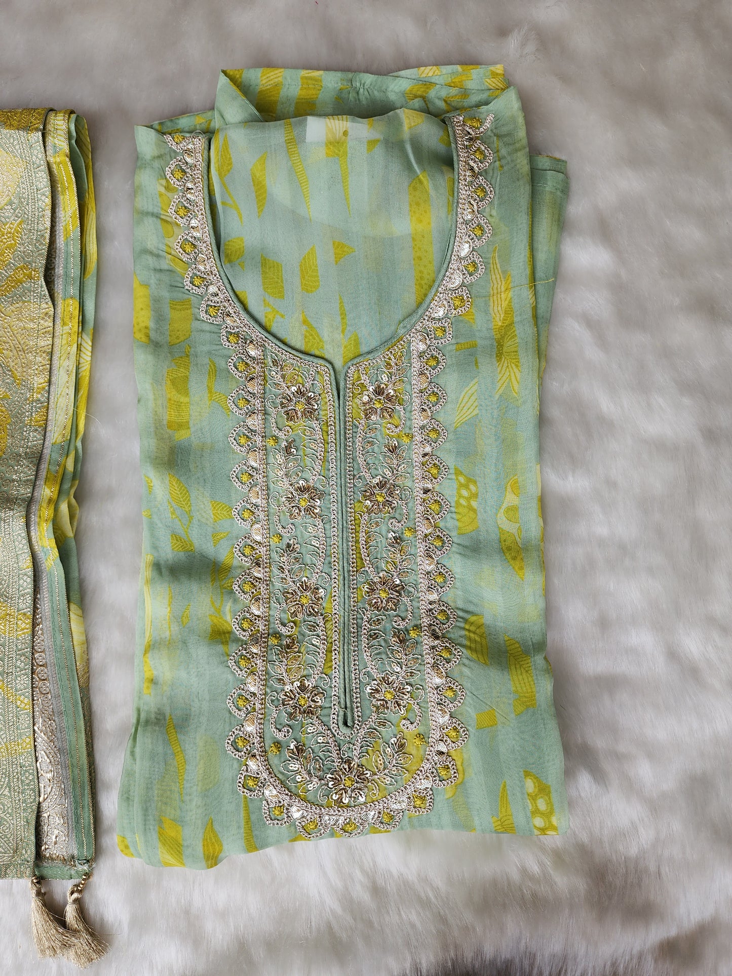 Green Printed Pure Organza Suit