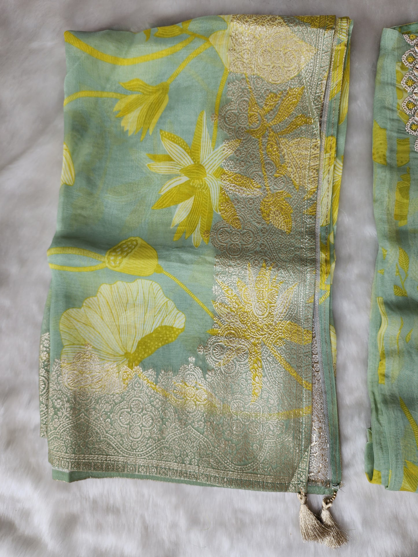 Green Printed Pure Organza Suit