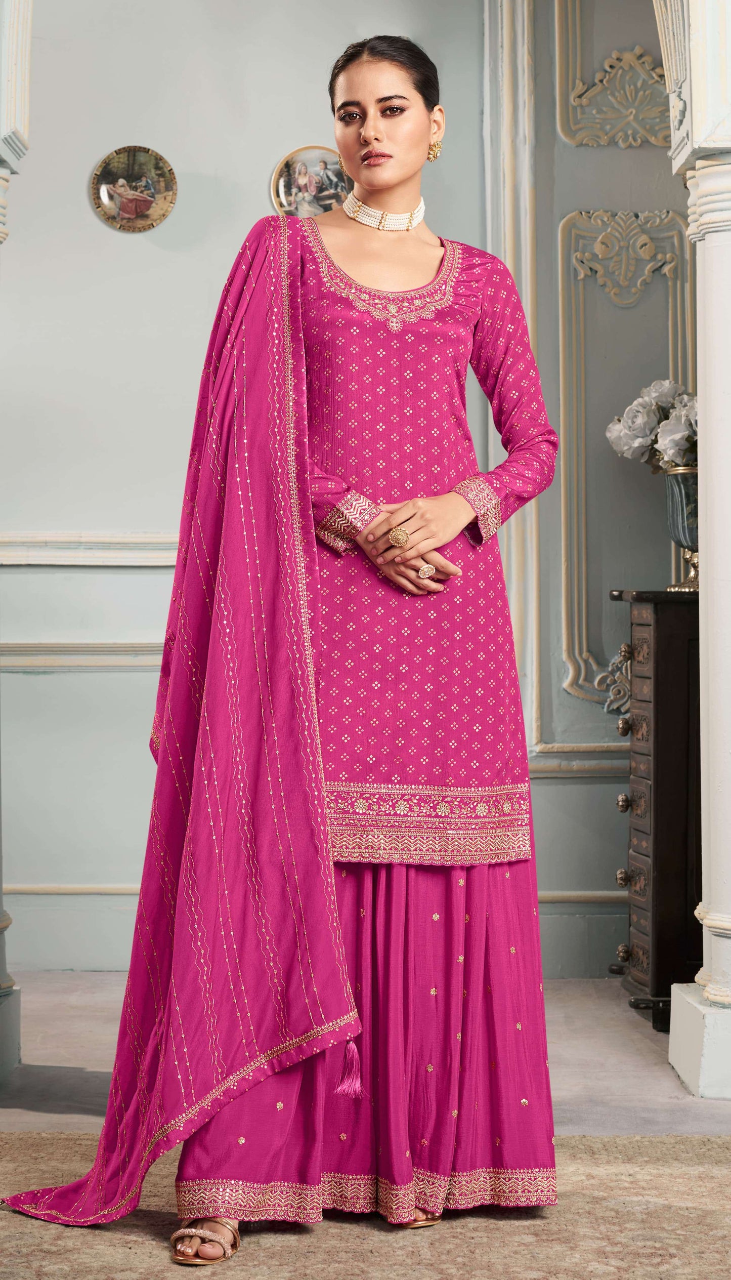 Nisha Printed Chinon Dress Material - 4 Colours