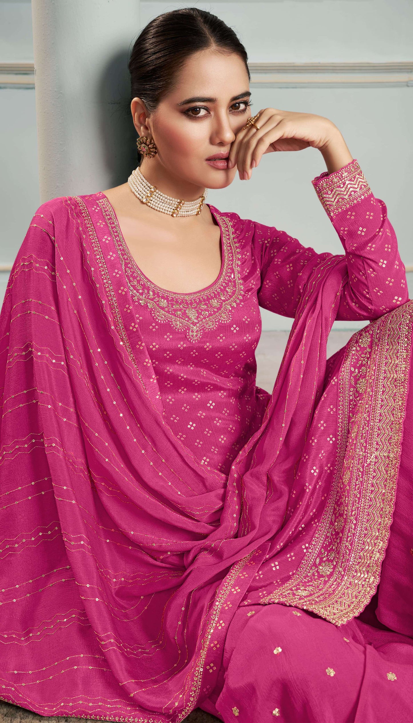 Nisha Printed Chinon Dress Material - 4 Colours