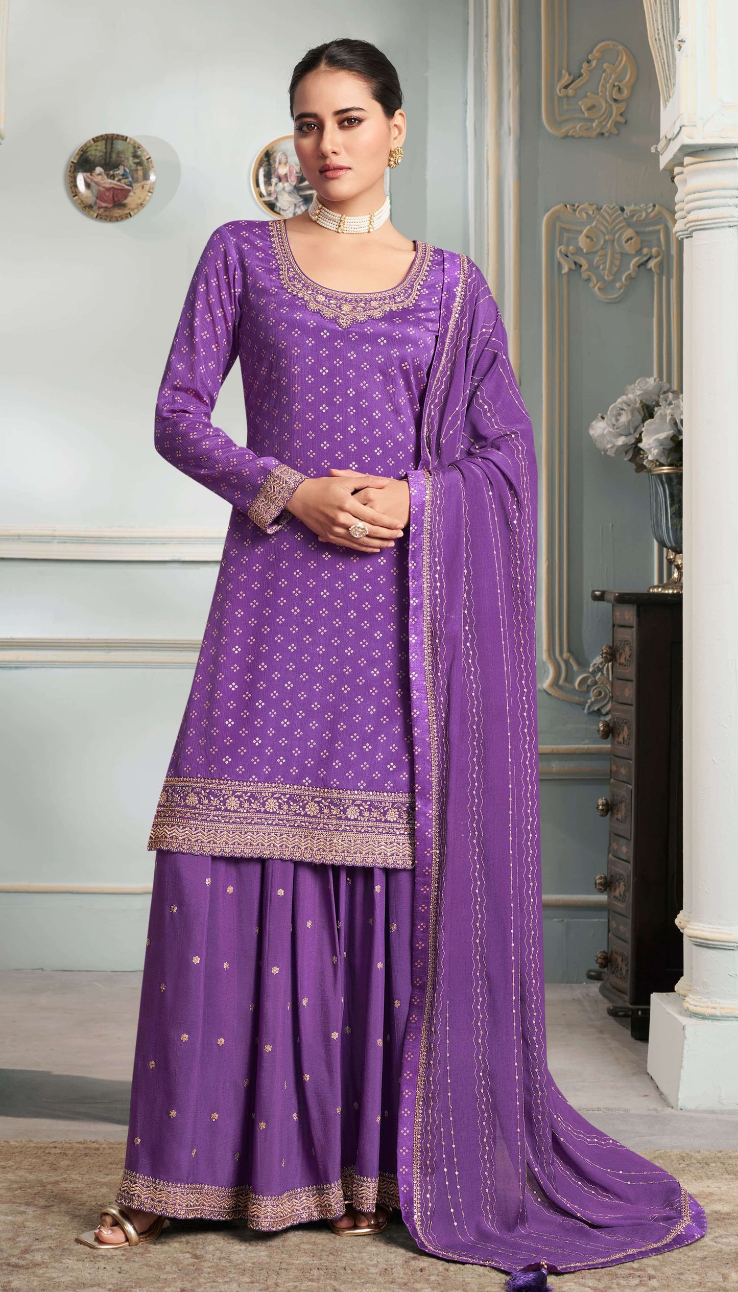 Nisha Printed Chinon Dress Material - 4 Colours