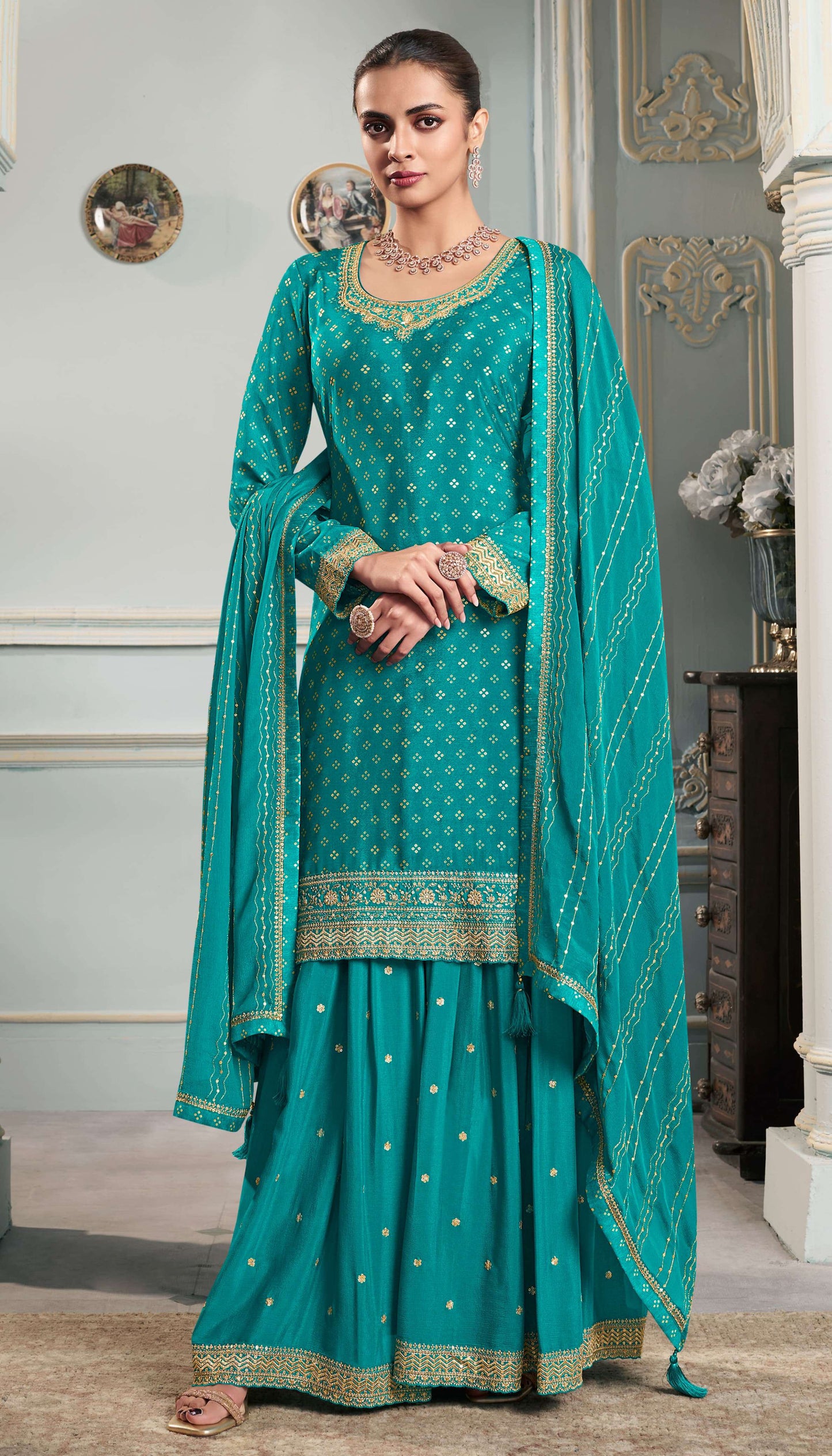 Nisha Printed Chinon Dress Material - 4 Colours