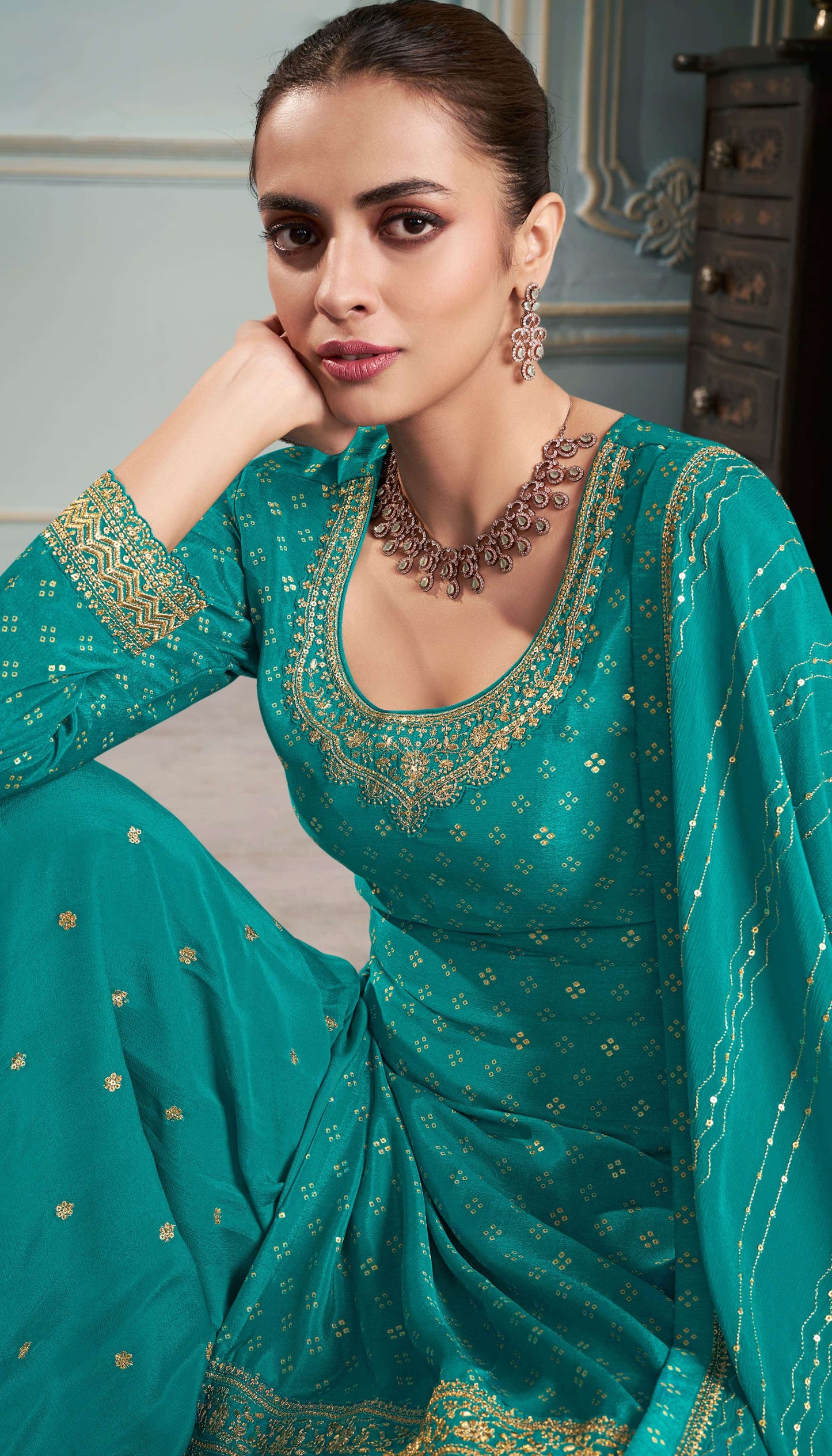 Nisha Printed Chinon Dress Material - 4 Colours