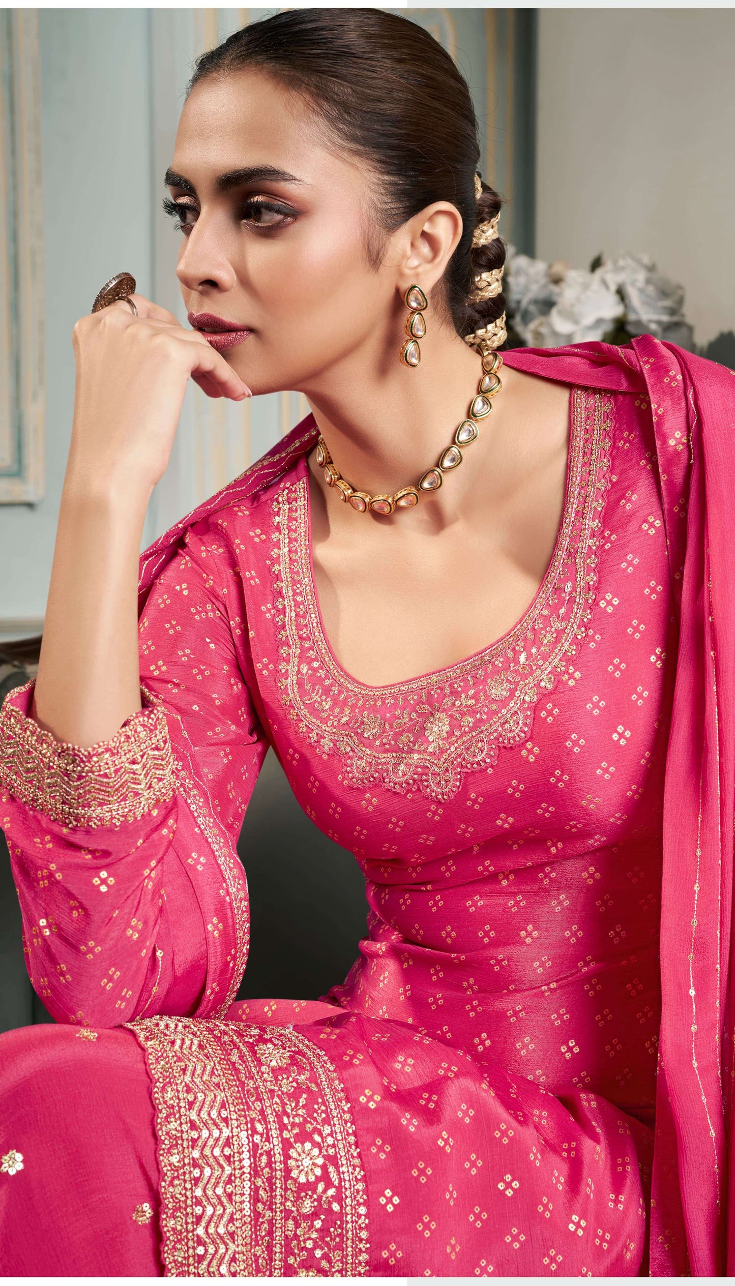 Nisha Printed Chinon Dress Material - 4 Colours