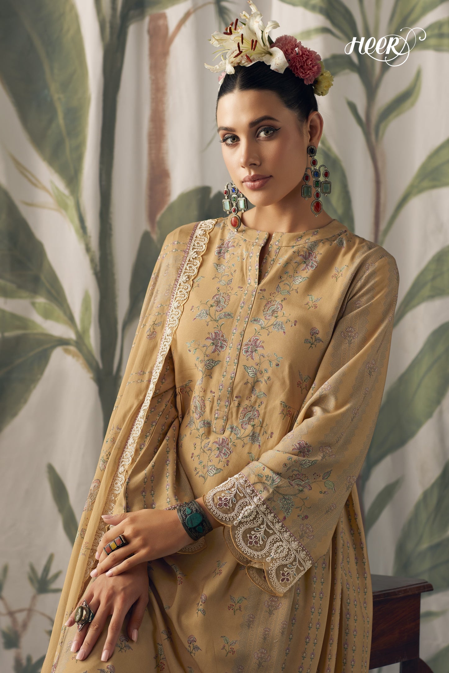 Aaradhya Beige Muslin Digital Print Dress Material