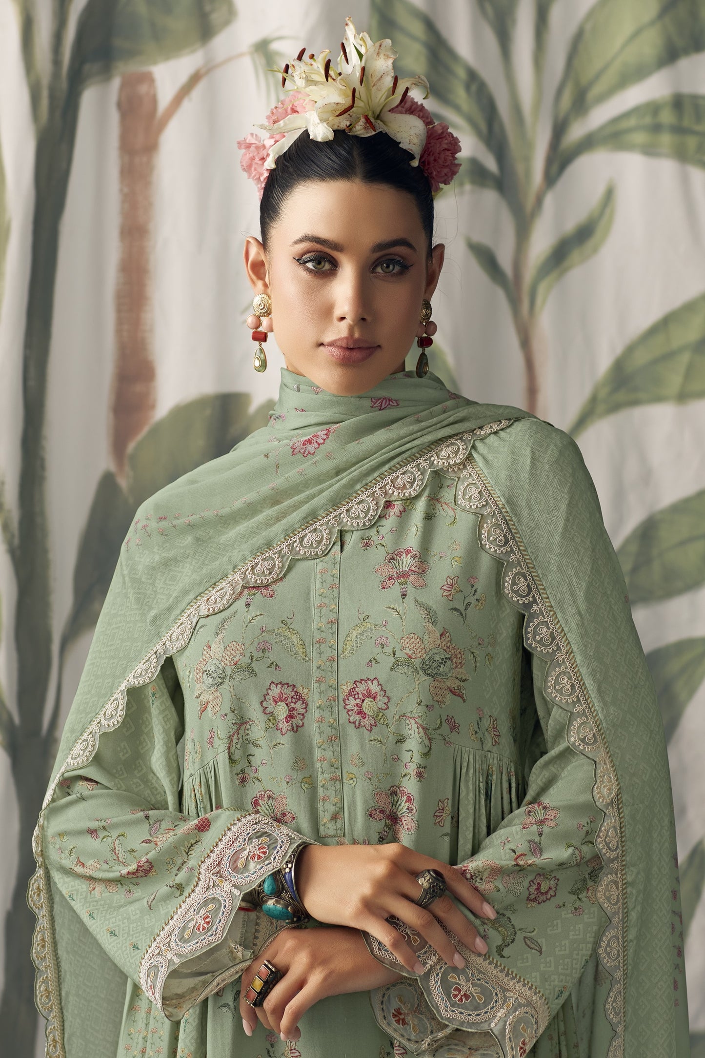 Aaradhya Green Muslin Printed Dress Material