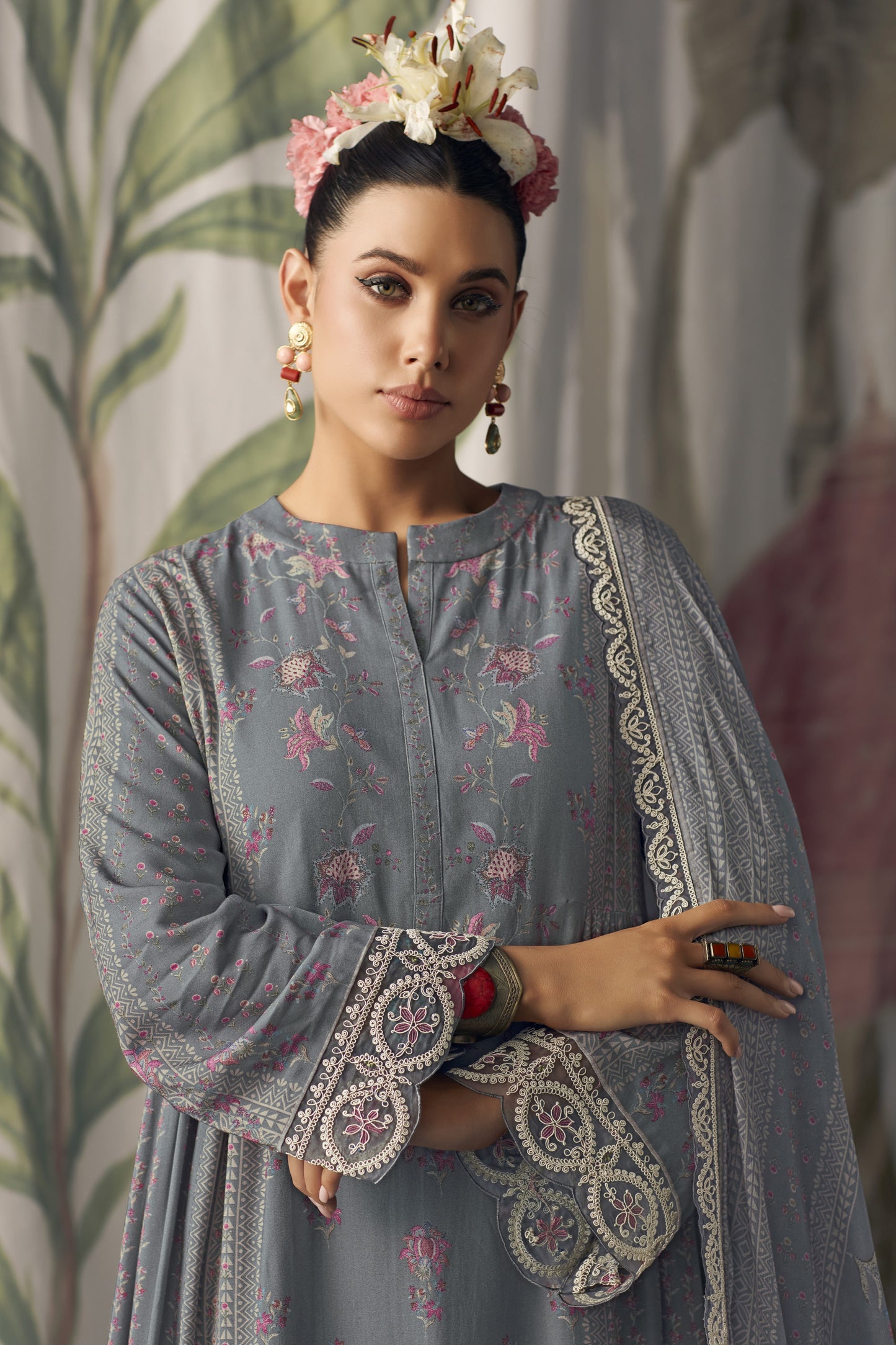 Aaradhya Grey Muslin Printed Dress Material