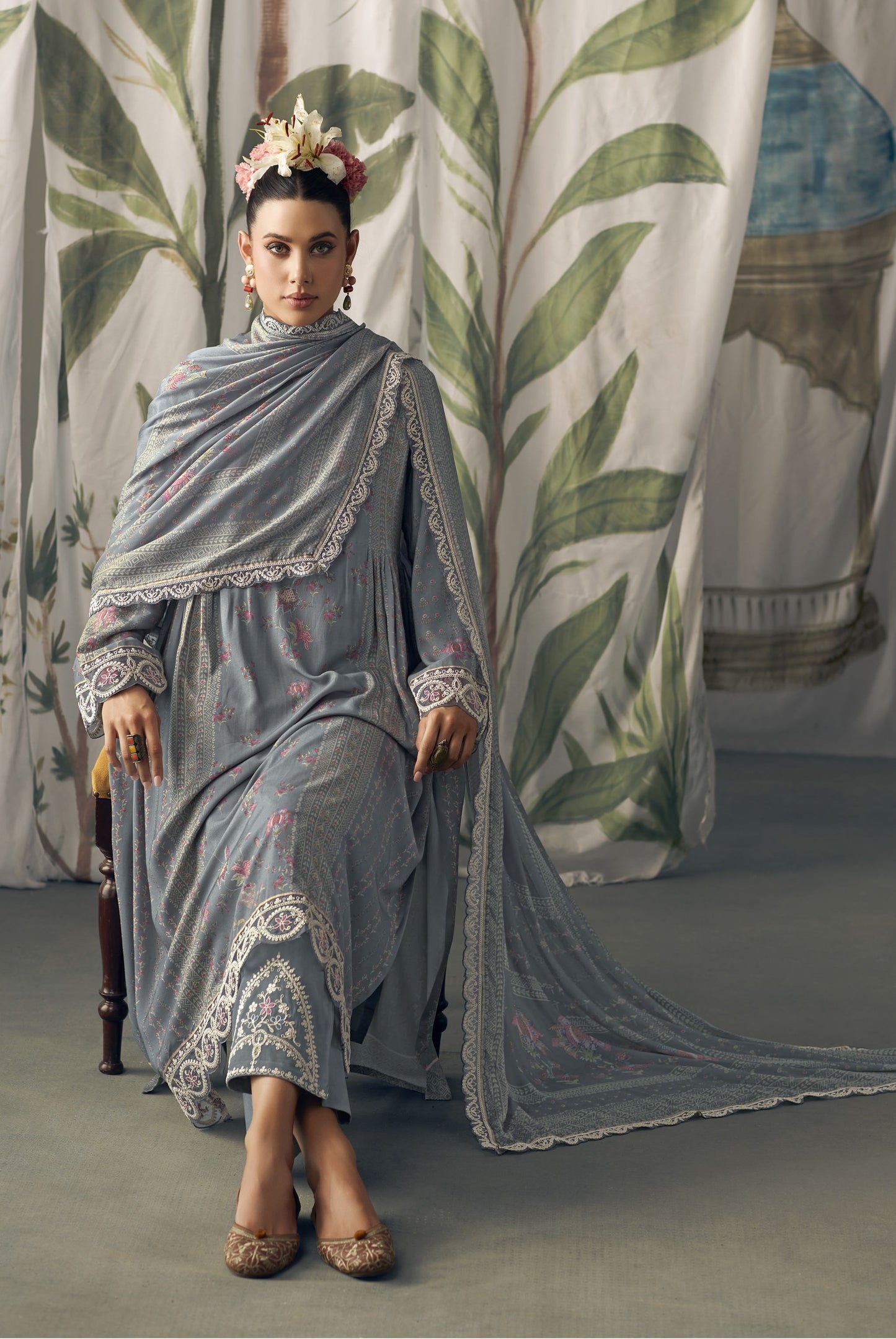 Aaradhya Grey Muslin Printed Dress Material