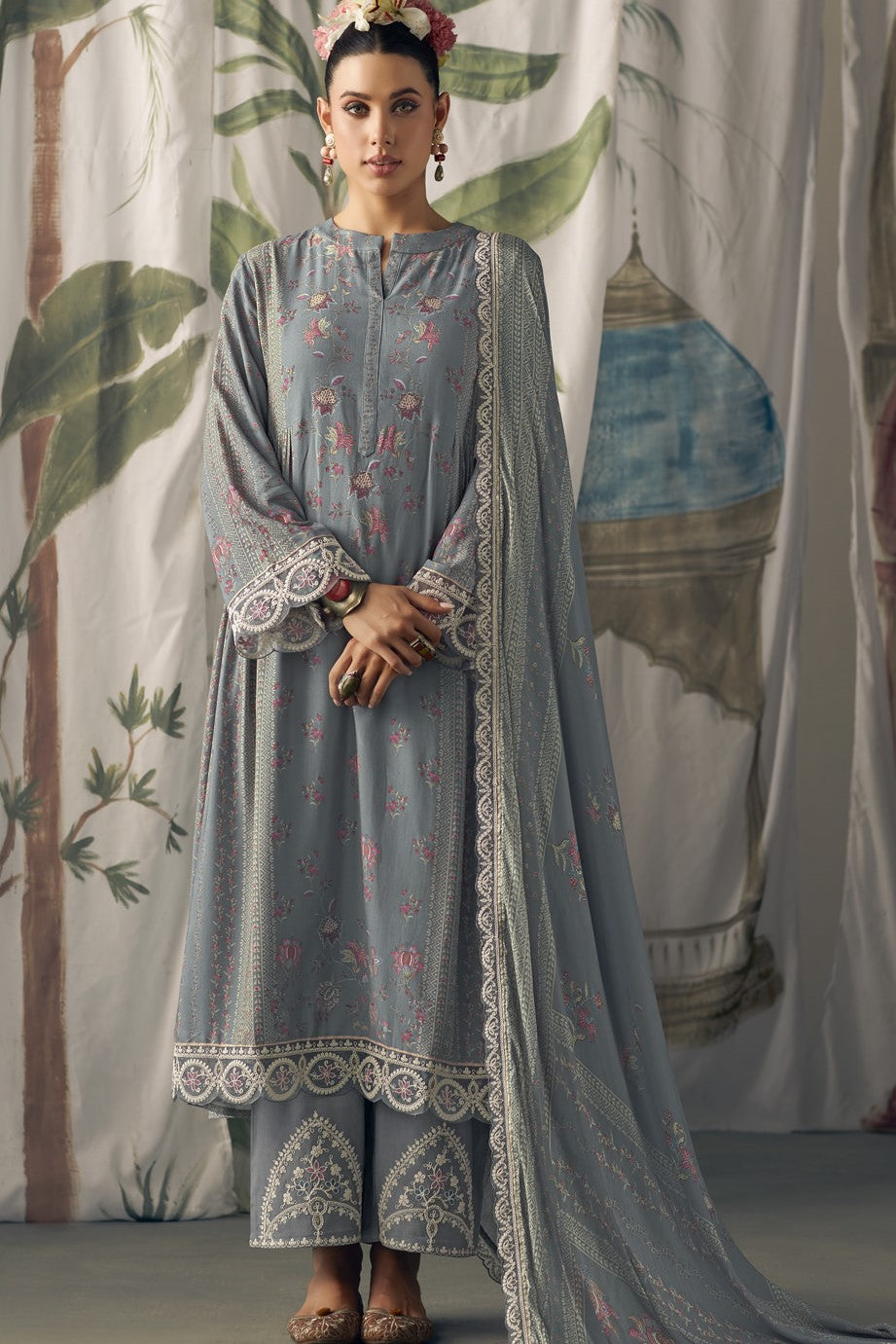 Aaradhya Grey Muslin Printed Dress Material