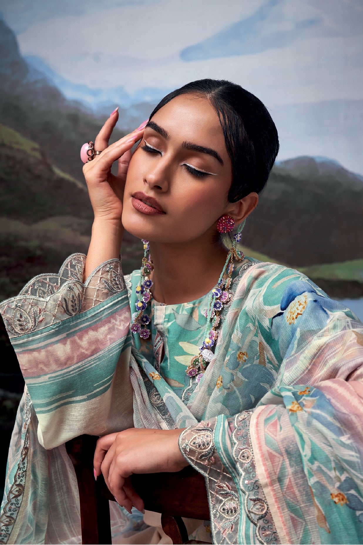 Nayomi Pink & Green Linen Printed Dress Material