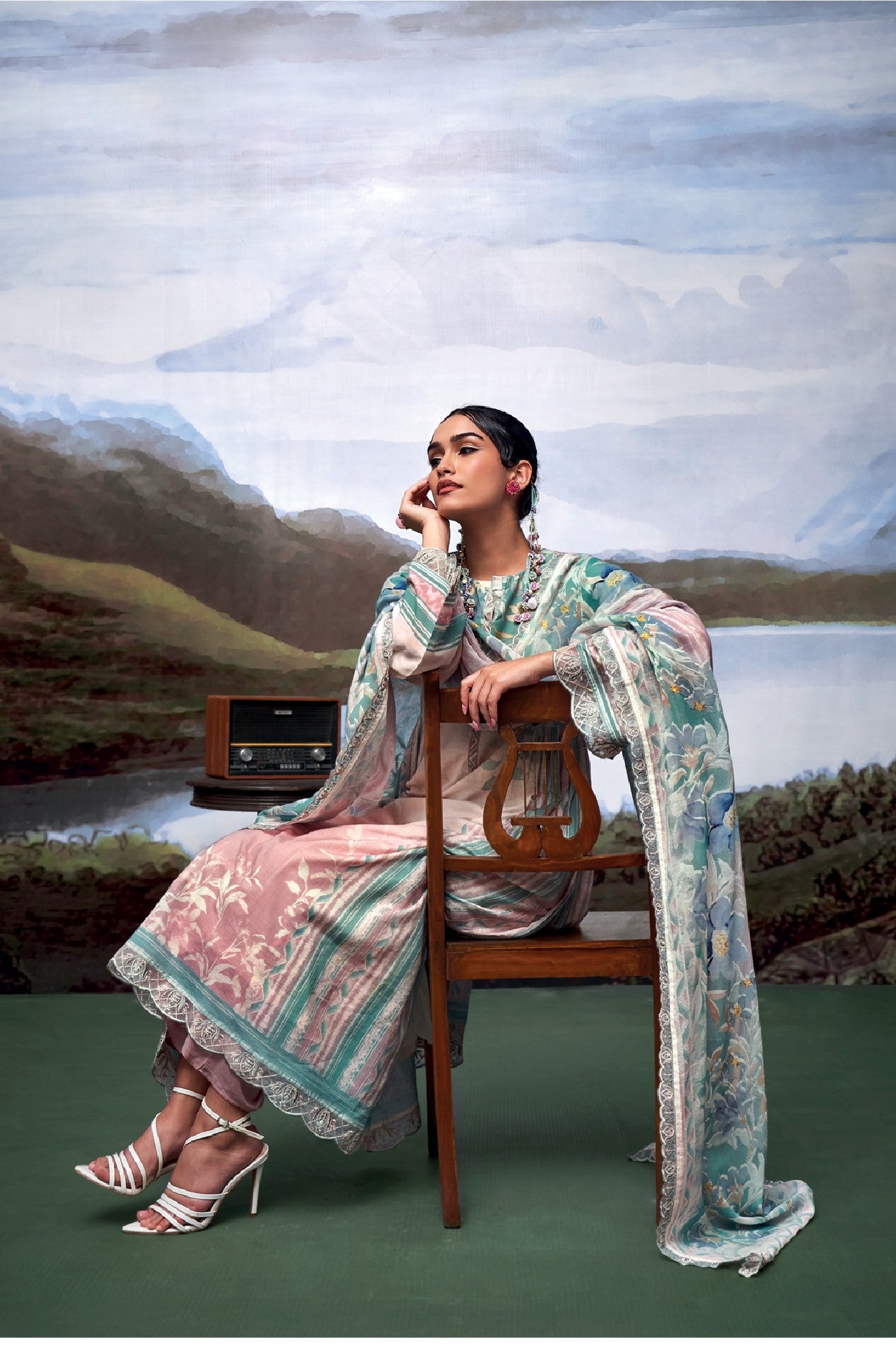 Nayomi Pink & Green Linen Printed Dress Material