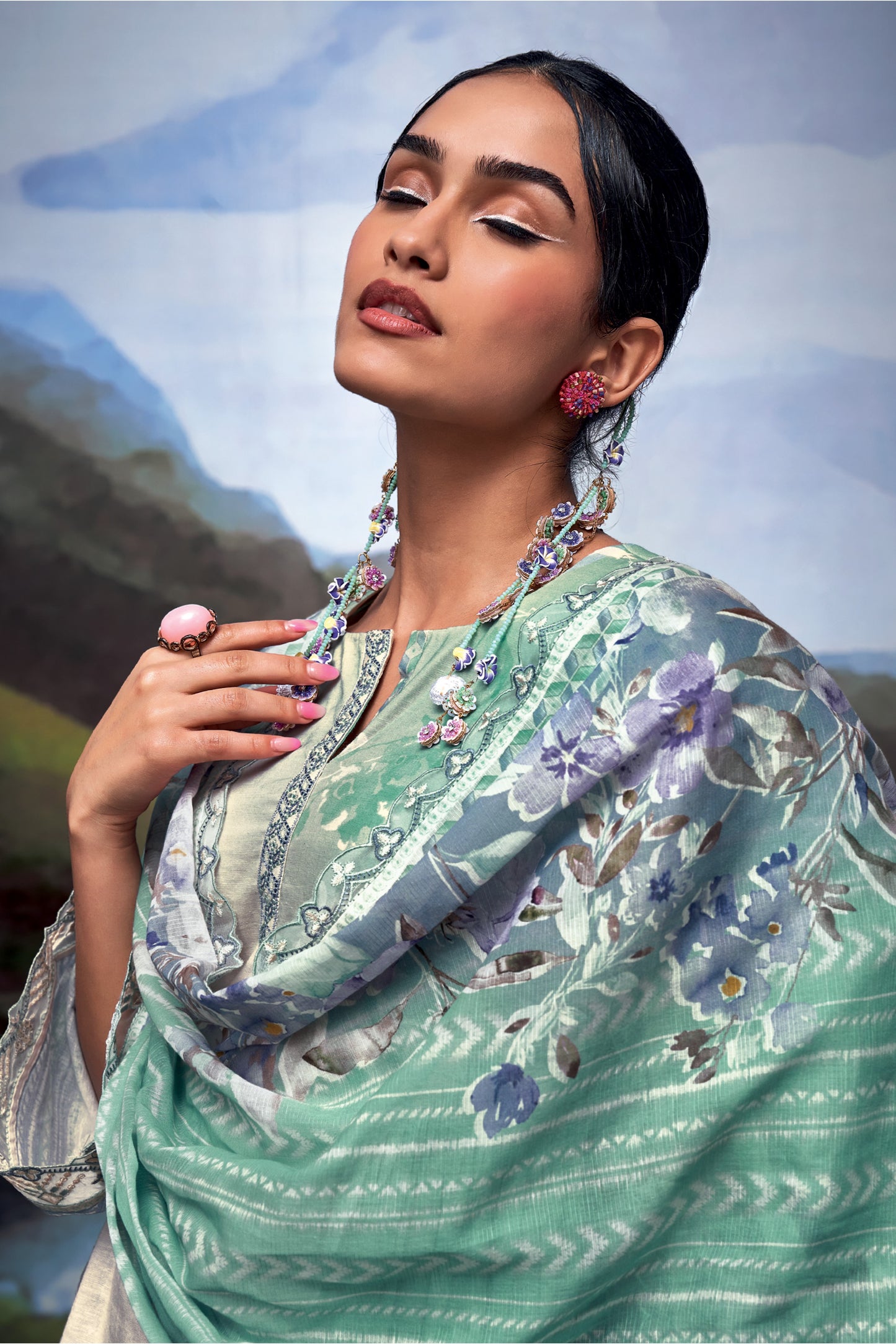 Nayomi Green Linen Printed Dress Material