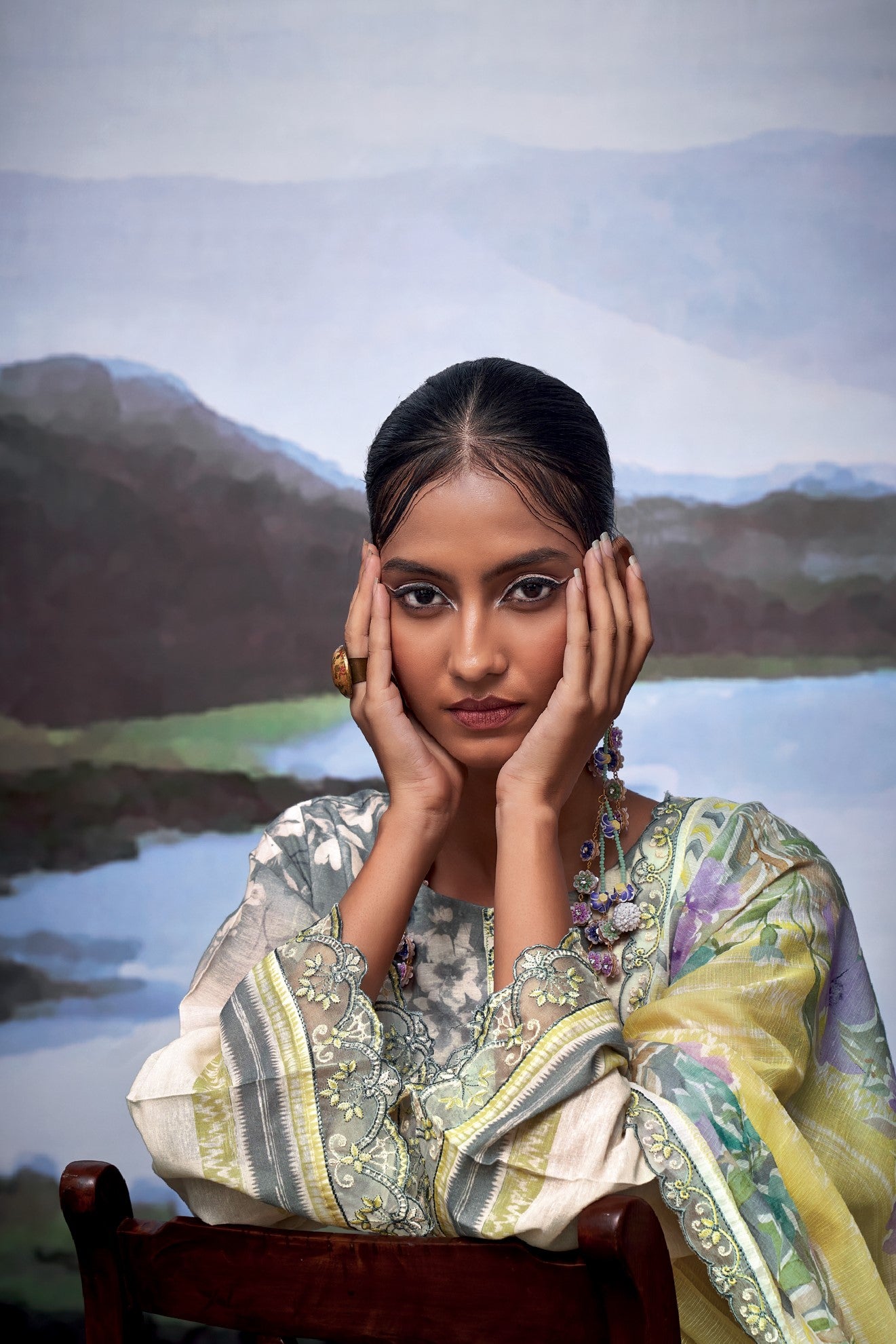 Nayomi Yellow & Lavender Linen Printed Dress Material