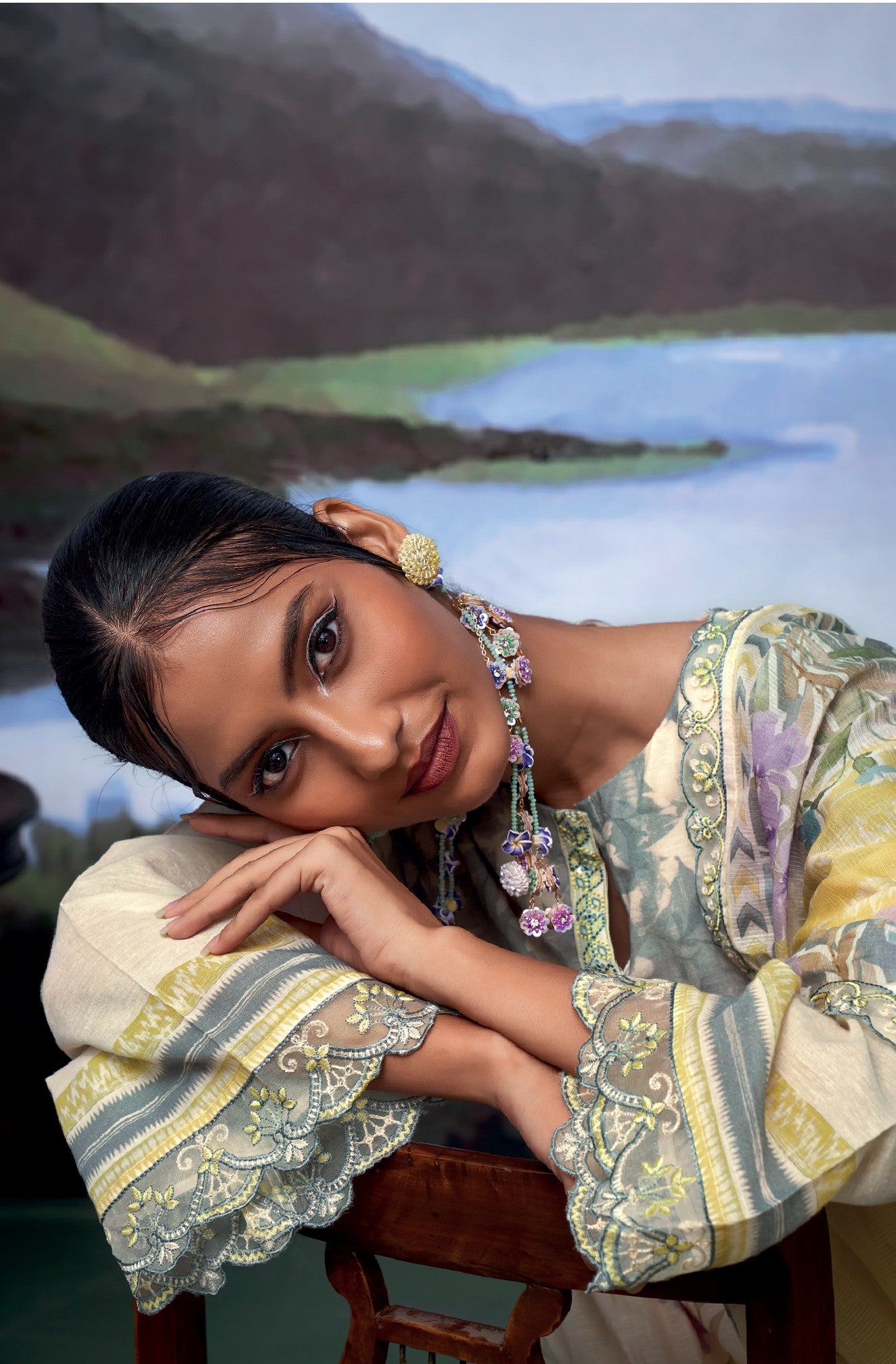 Nayomi Yellow & Lavender Linen Printed Dress Material