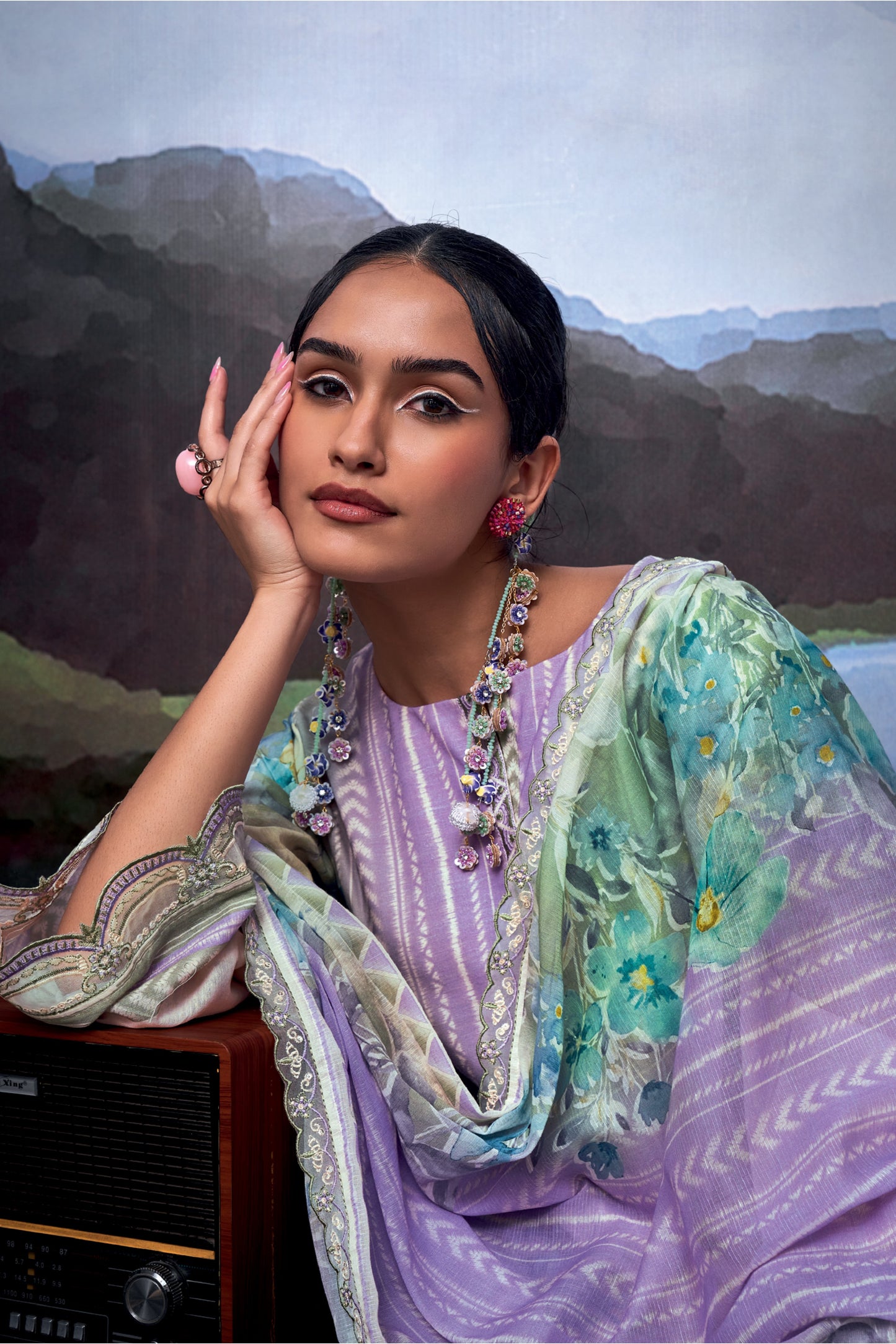 Nayomi Green & Lavender Linen Printed Dress Material