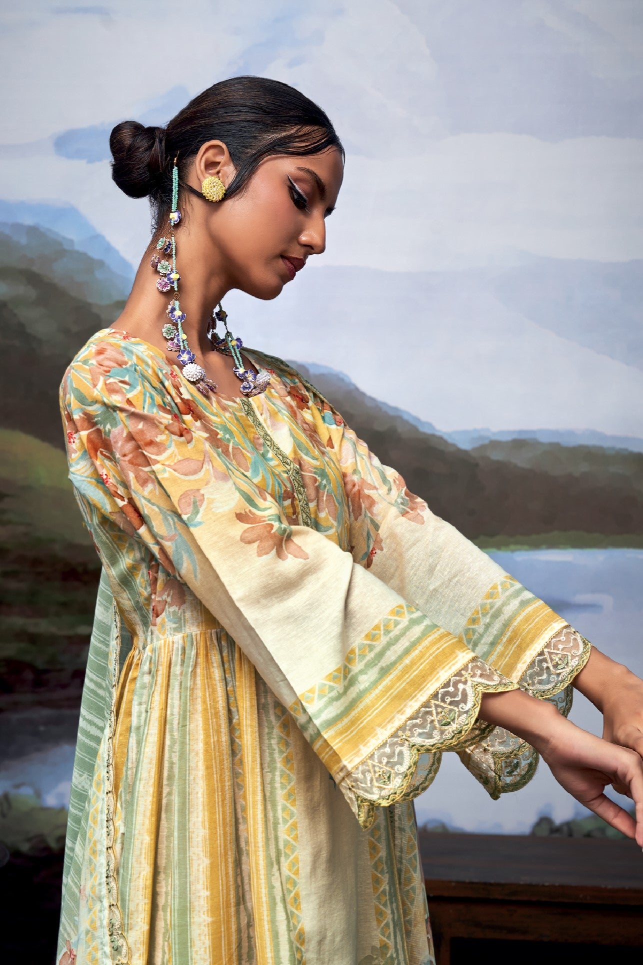Nayomi Yellow & Brown Linen Printed Dress Material