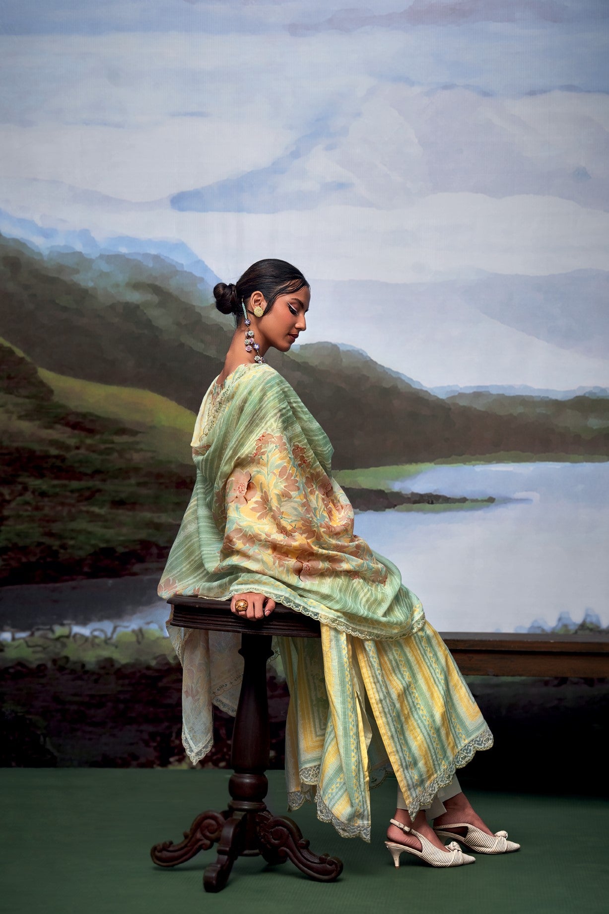 Nayomi Yellow & Brown Linen Printed Dress Material