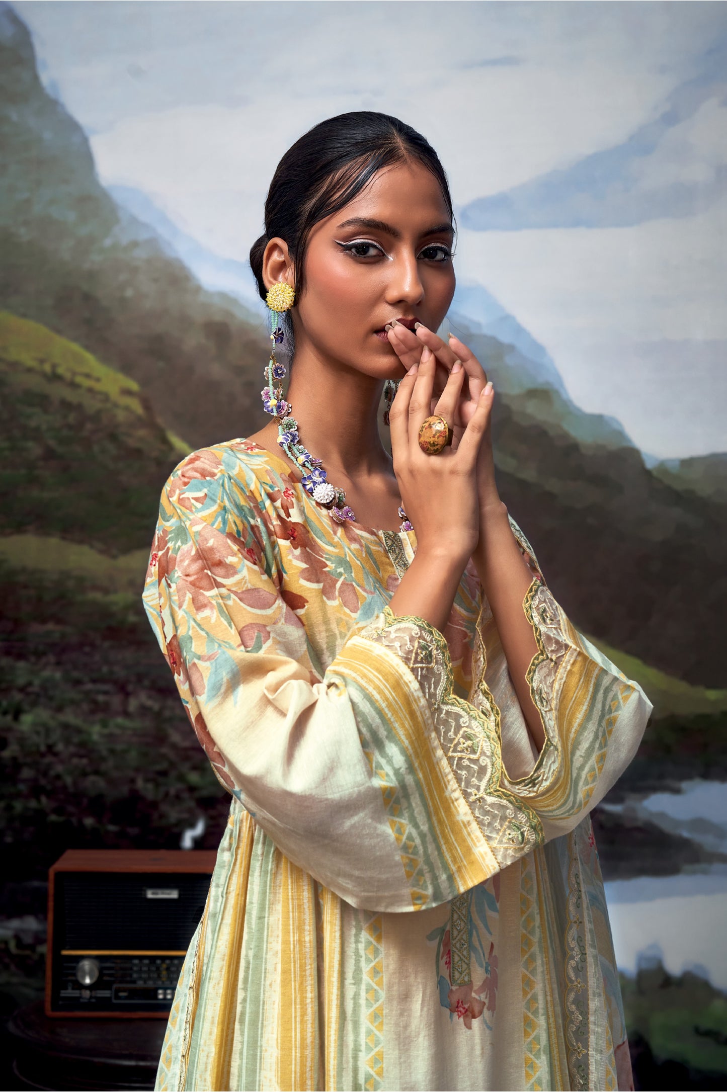 Nayomi Yellow & Brown Linen Printed Dress Material