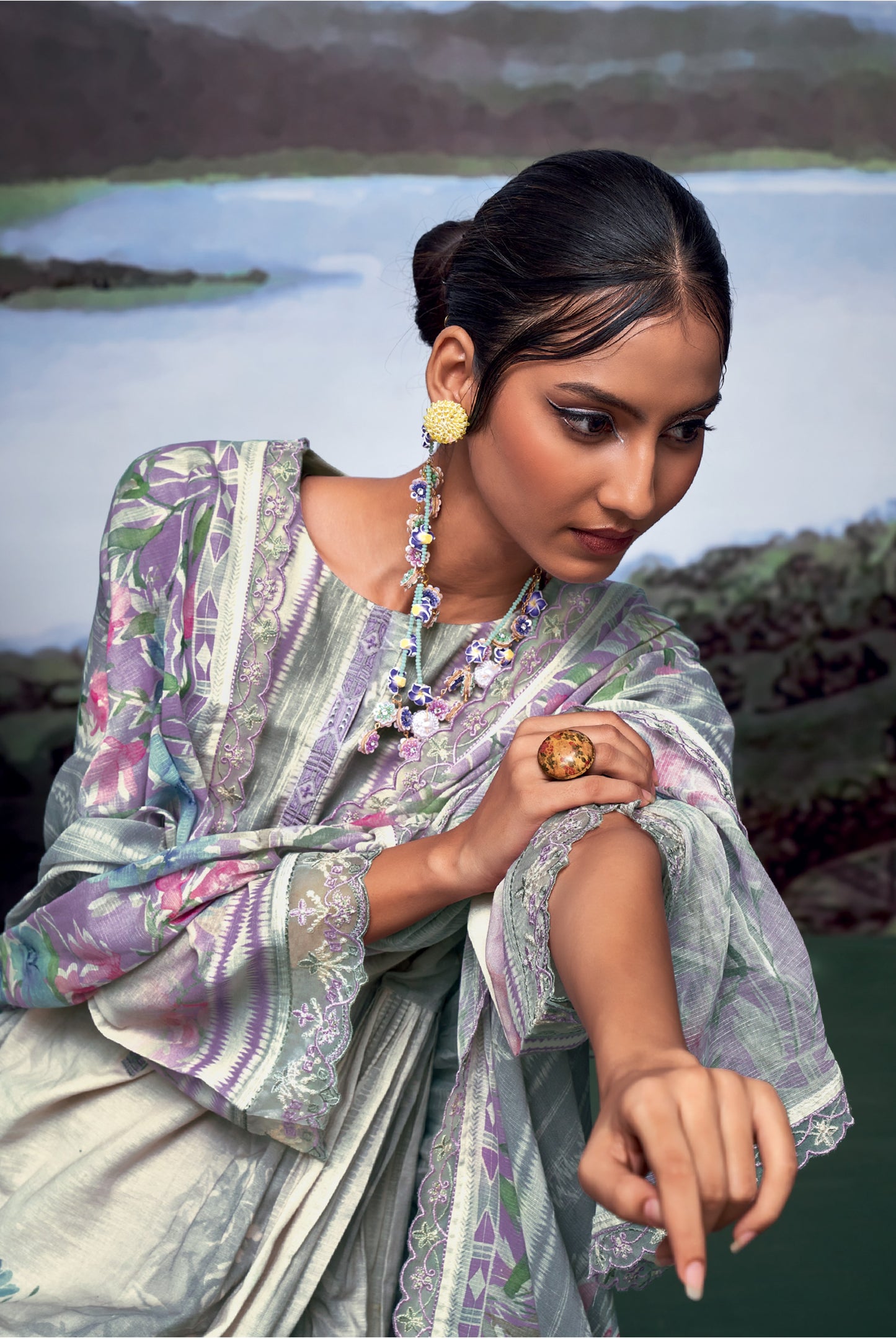 Nayomi Purple Linen Printed Dress Material