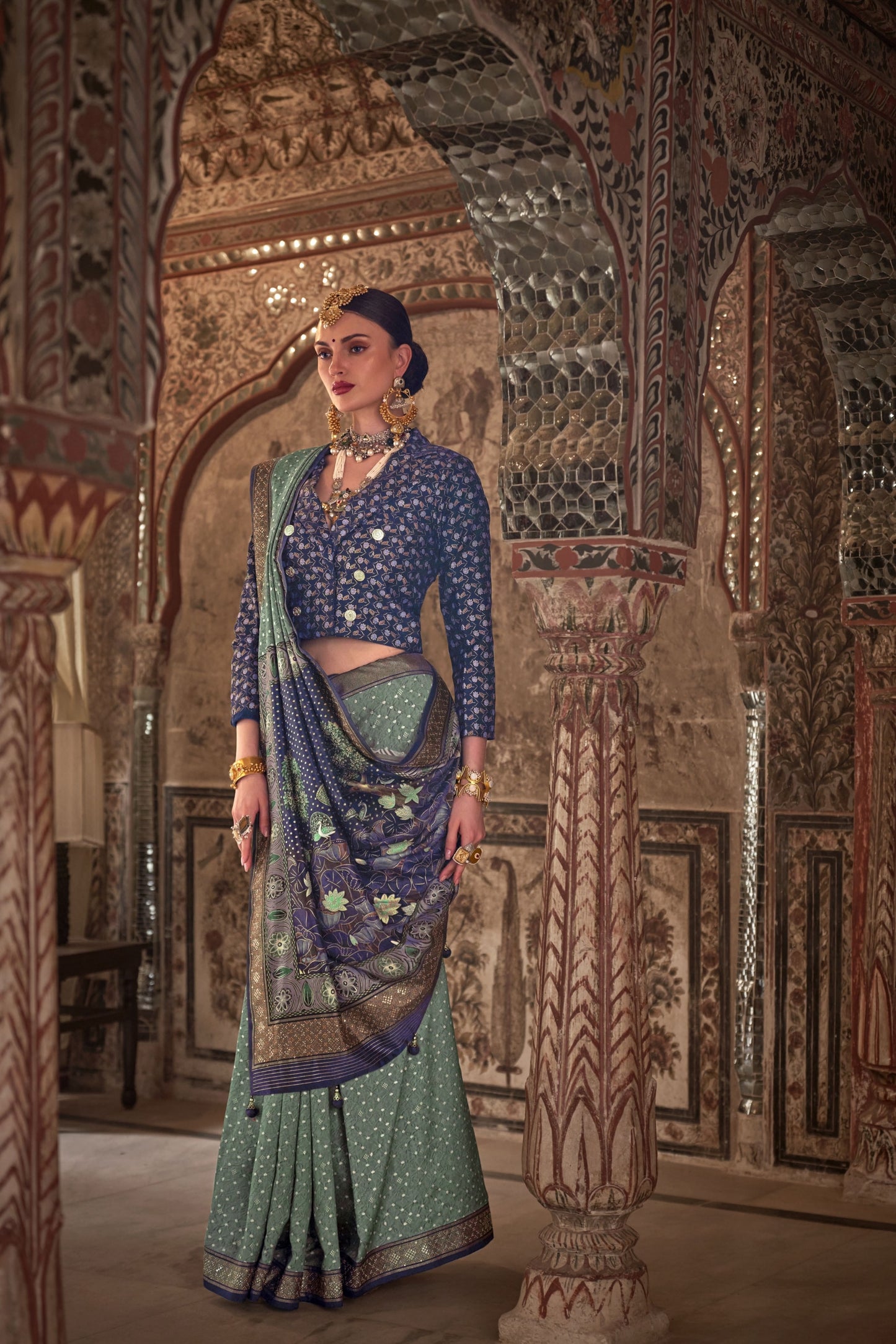 Devika Green Blue Silk Saree