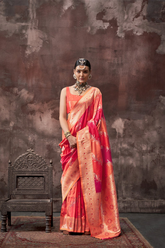 Sharini Orange Red Silk Saree