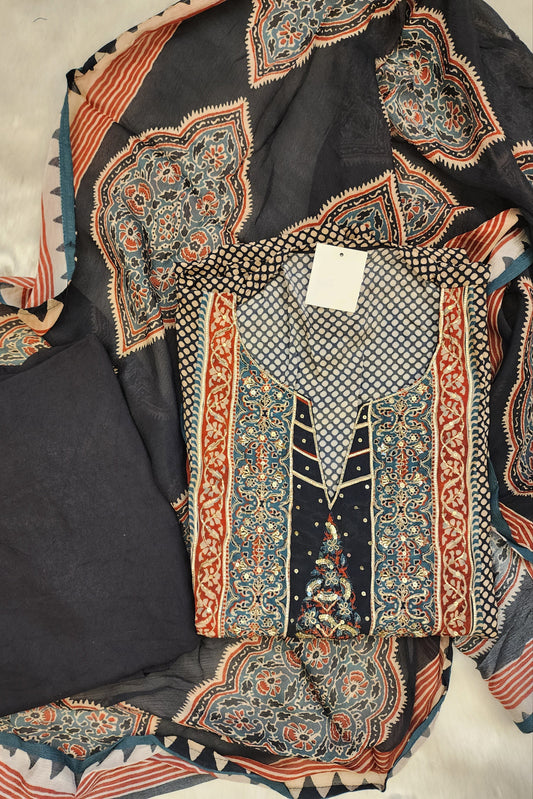 Pure Crepe Ajrak Print with Hand Work