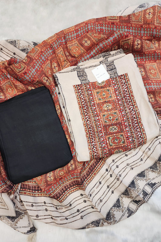 Beige Pure Crepe Printed Suit