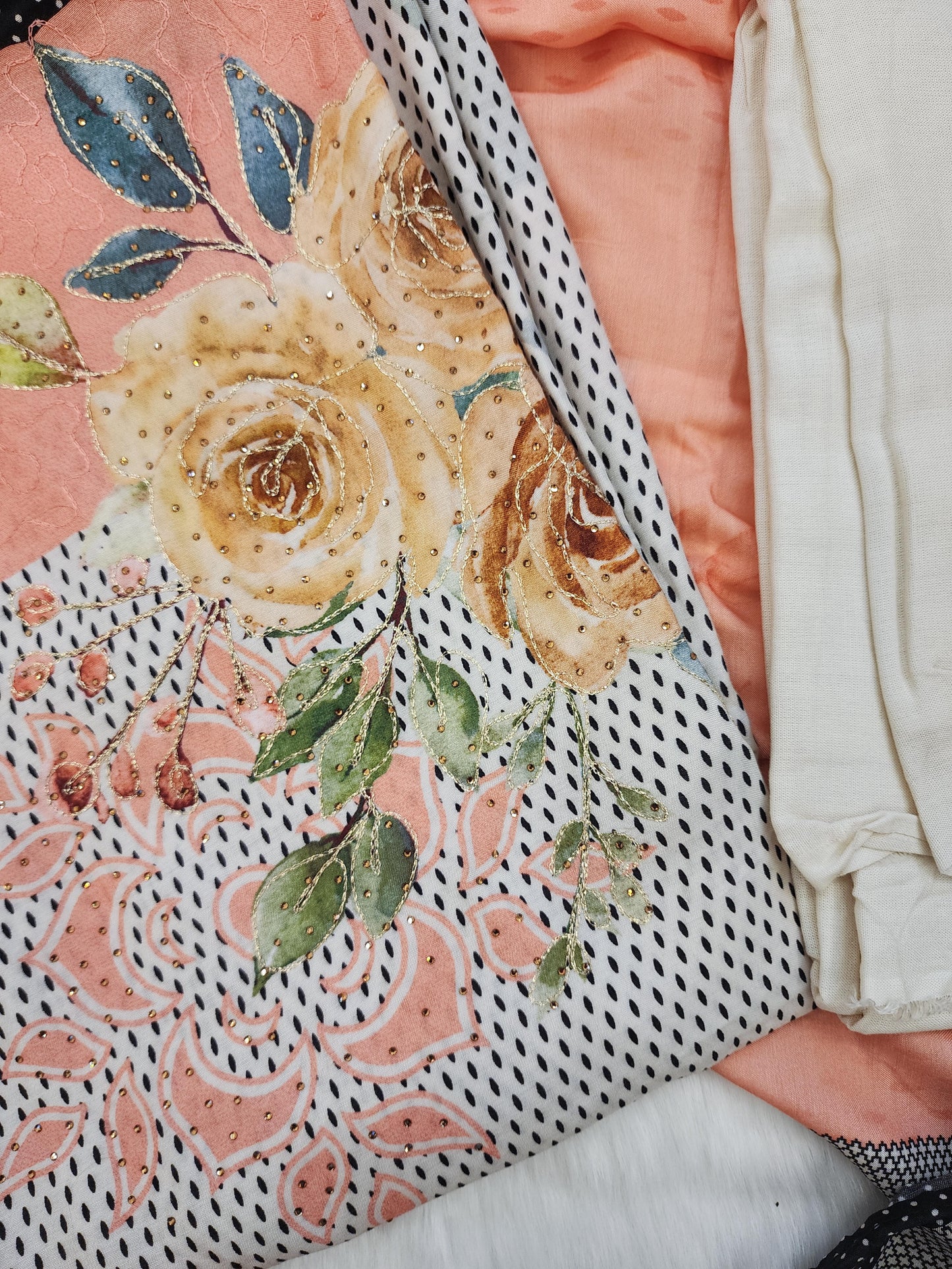 Cream Printed Modal with Embroidery