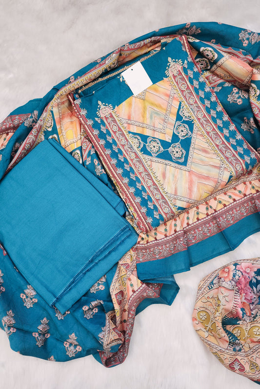 Pure Muslin Printed Suit With Zari Work