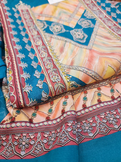 Pure Muslin Printed Suit With Zari Work