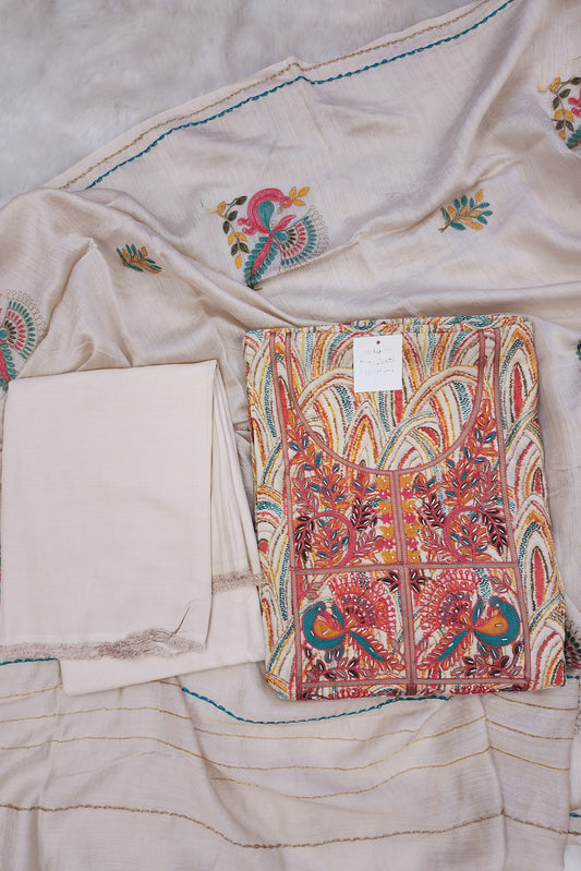 Cream Silk Suit With Embroidery