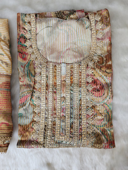 Beige Printed Organza Tissue Suit