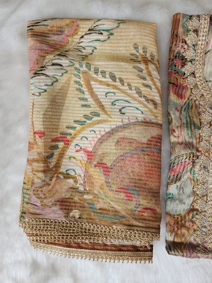 Beige Printed Organza Tissue Suit