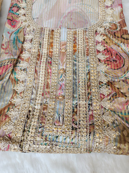 Beige Printed Organza Tissue Suit