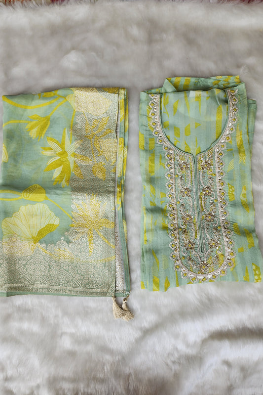 Green Printed Pure Organza Suit